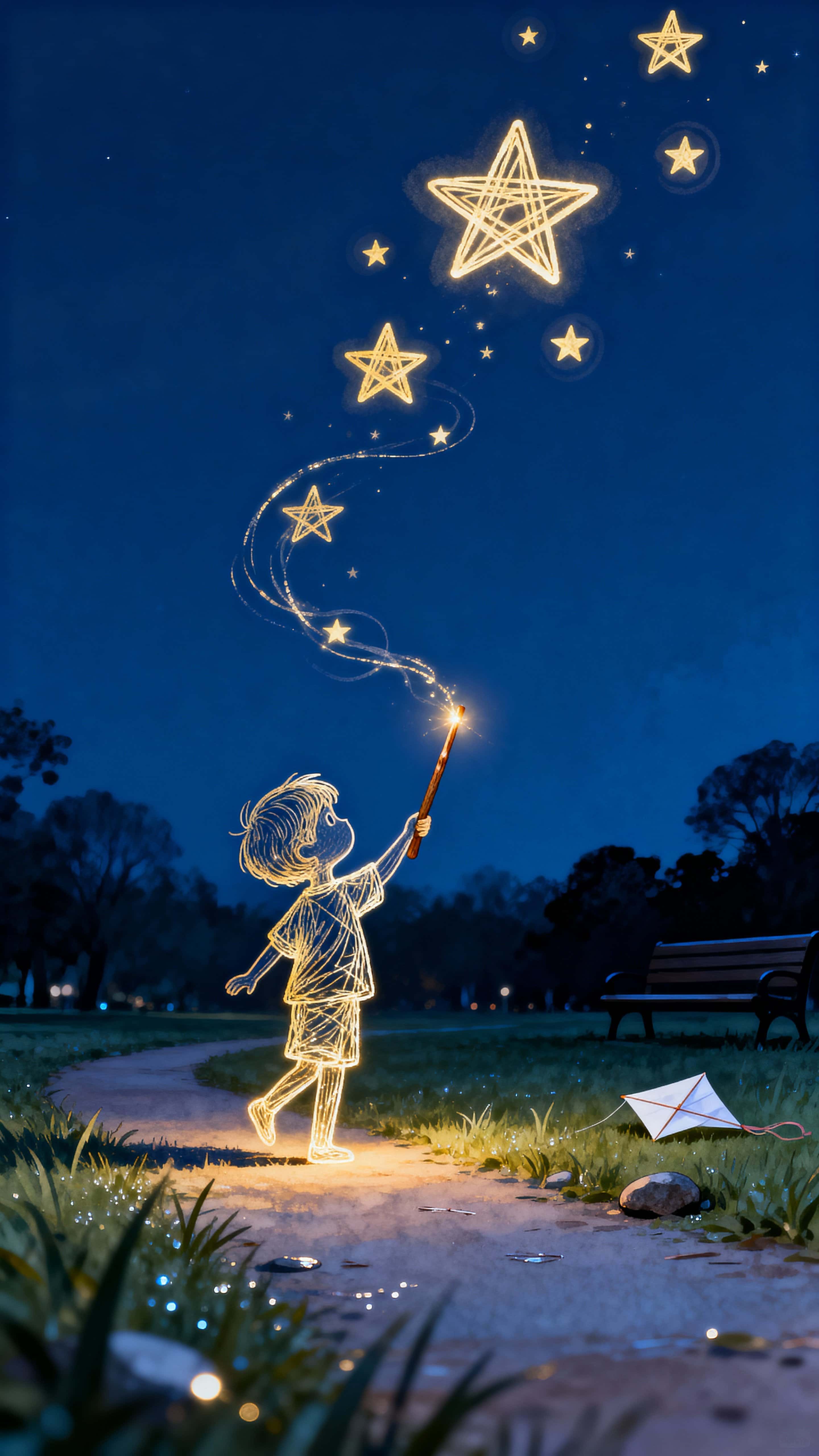 A child of shimmering line-art traces shapes in the air with a glowing stick, sending bright doodle stars drifting up into a calm night sky above a quiet park path.