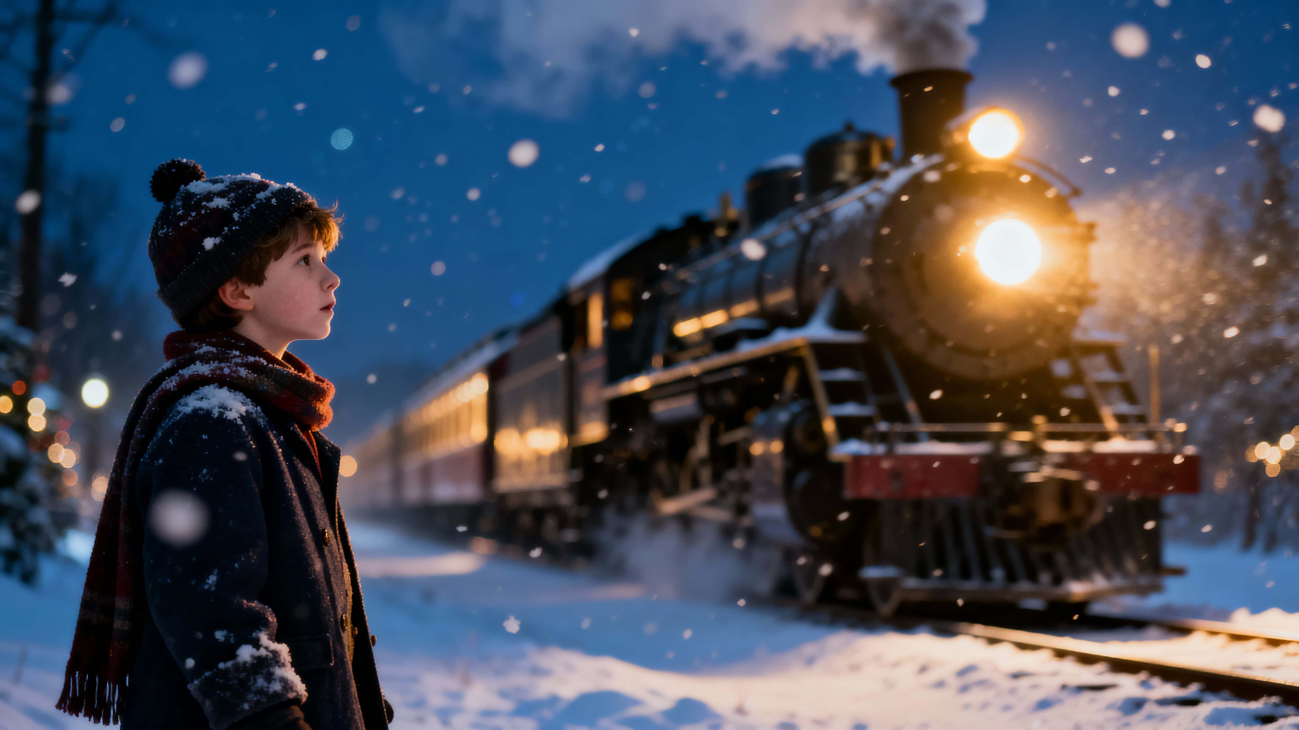 A child in winter clothes stands alone in falling snow at night, centered in a 16:9 frame with a three-quarter portrait crop as the Polar Express approaches from the right with glowing headlights, shallow depth of field, soft realistic-lit,