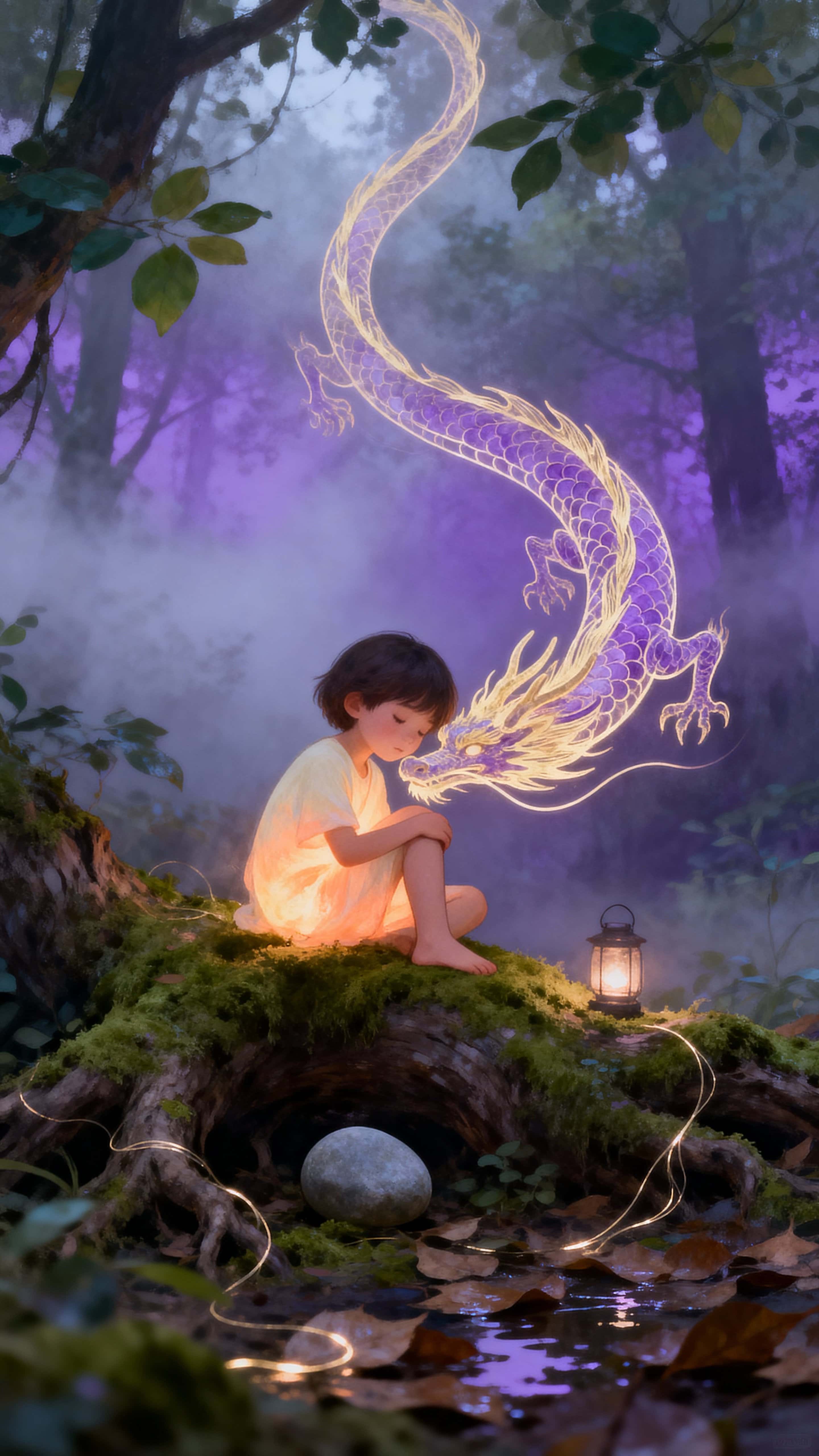 A small glowing child sits in a misty forest, leaning gently against a delicate dragon rendered as line-art light, creating a quiet, intimate scene of wonder and warmth.