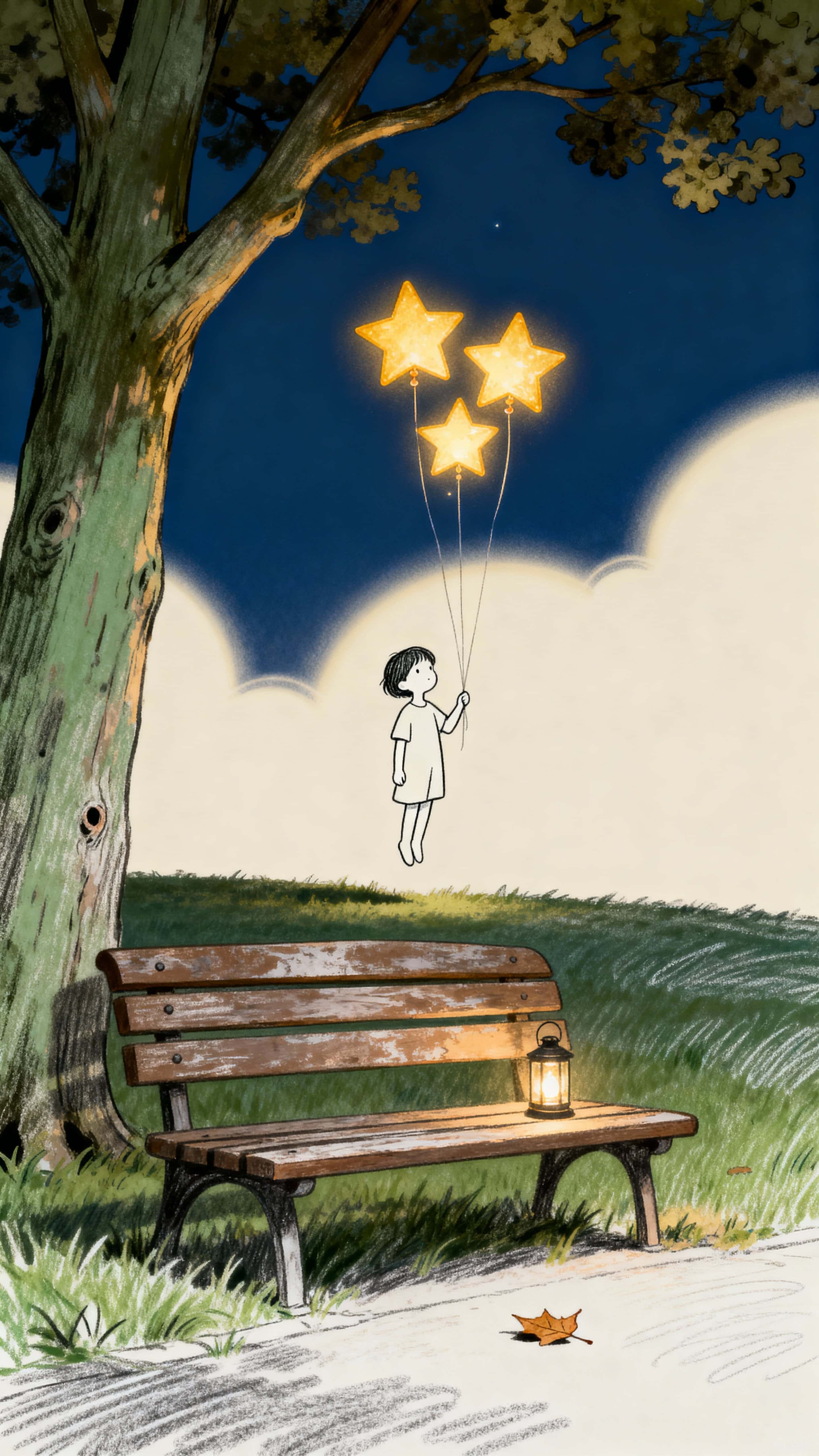 A line-art child holds glowing star-shaped balloons and floats a few inches above the grass in a nighttime park while the balloons cast soft golden light across benches and trees.