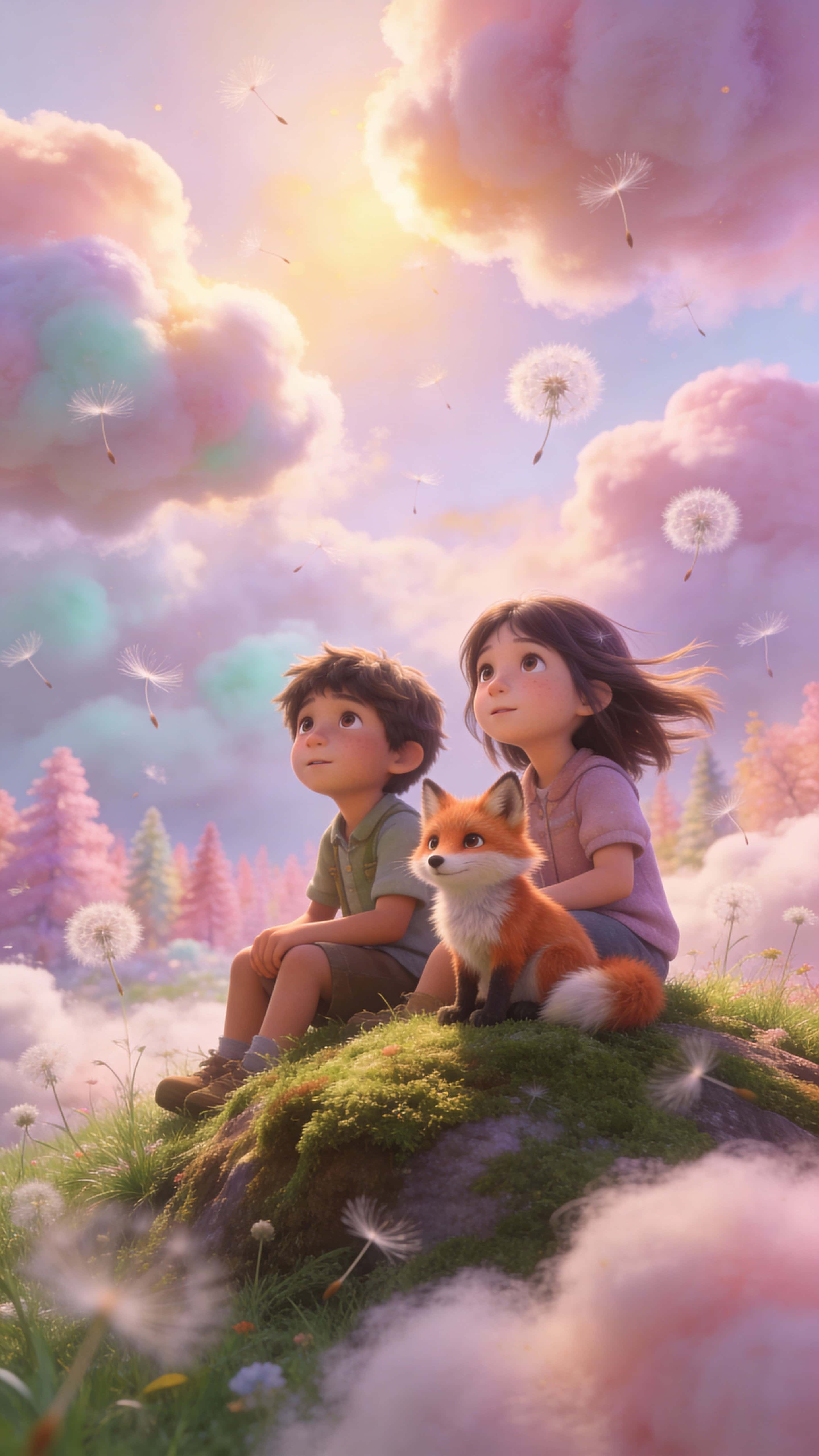 Children and a small animal companion sit together in a soft, fluffy pastel meadow, gazing forward with dreamy expressions amid cloud-like flora in warm cinematic fantasy realism.