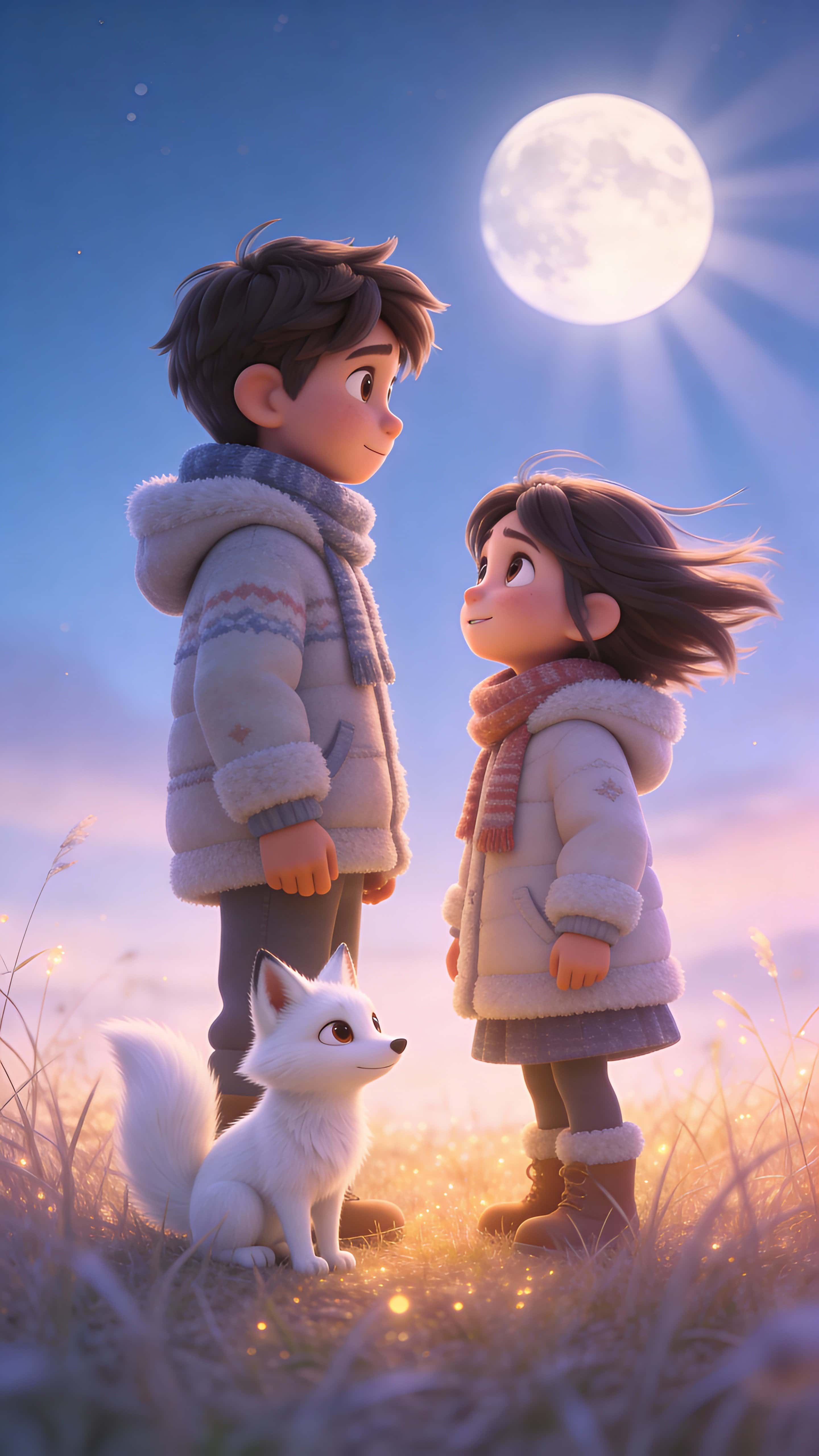 Two children stand in soft glowing grass with a small white fox in side profile beneath a pastel blue night sky and softly glowing full moon, wind-tousled hair and cozy winter clothing.