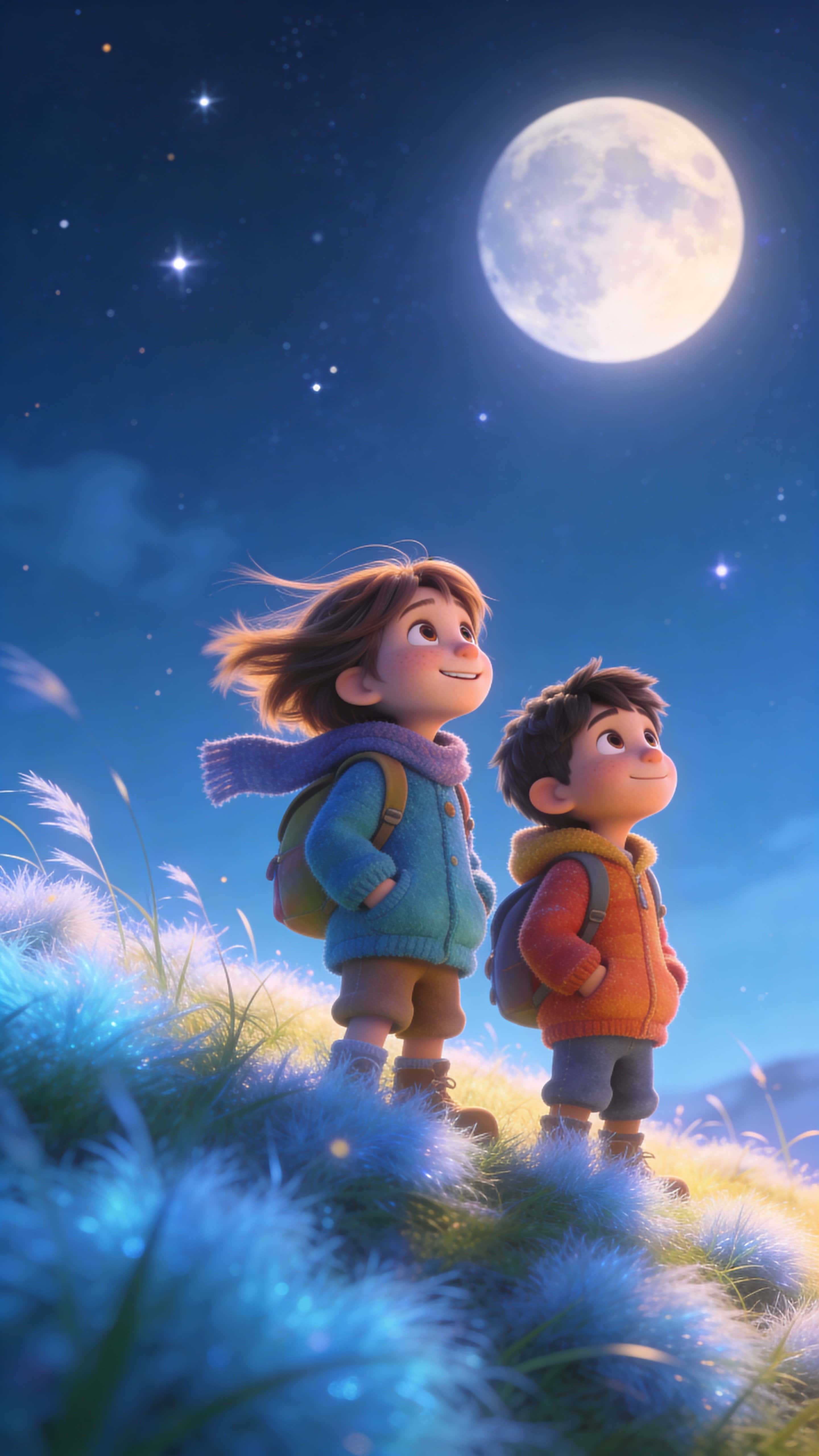 A whimsical, cinematic 9:16 scene of expressive Pixar-style children explorers gazing toward a luminous moon over softly glowing fluffy grass and gentle wind motion.