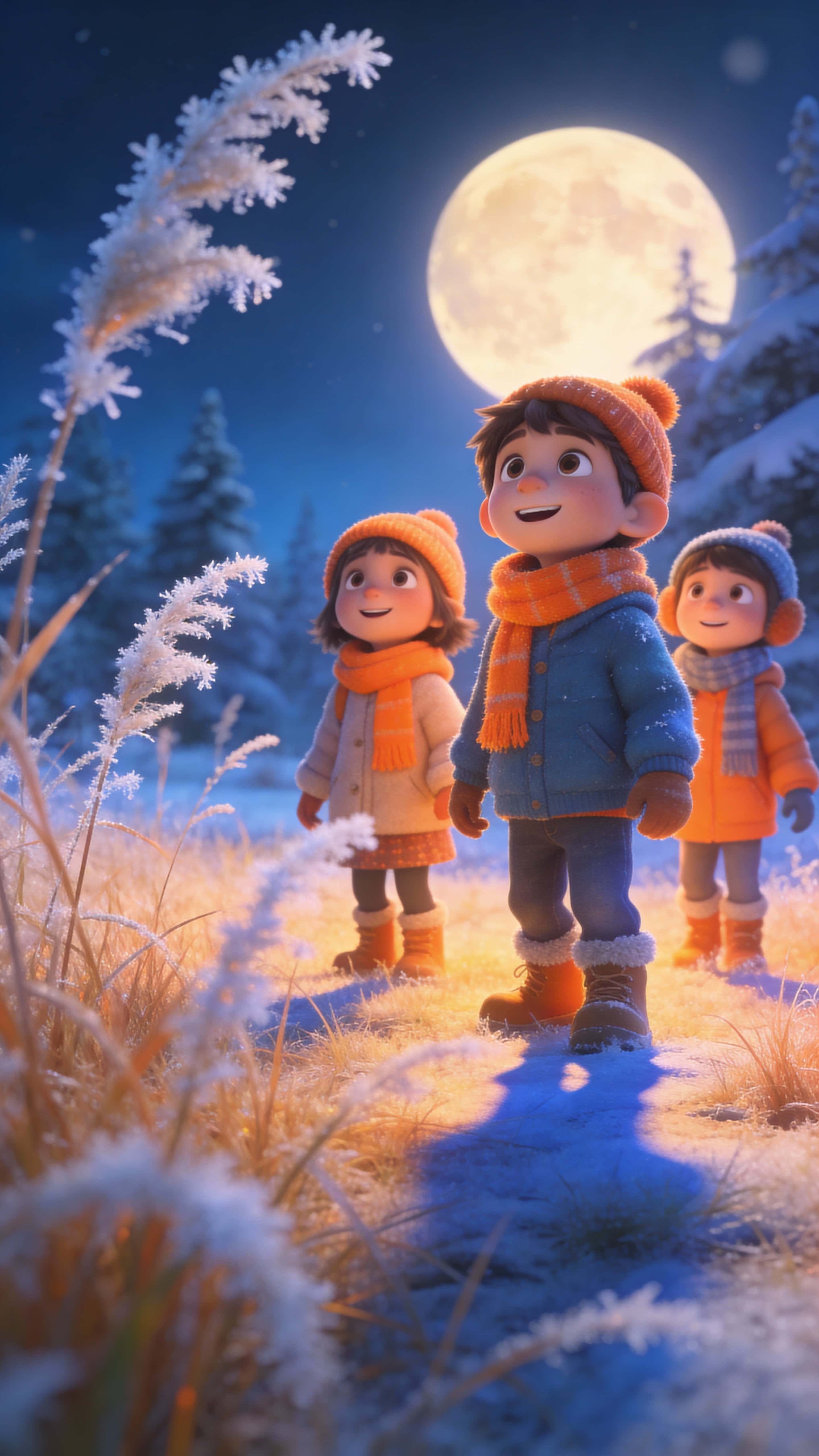 Children in cozy winter outfits gather on fluffy grass under warm moonlight mingled with cool blue surroundings, framed vertically with gentle cinematic glow.