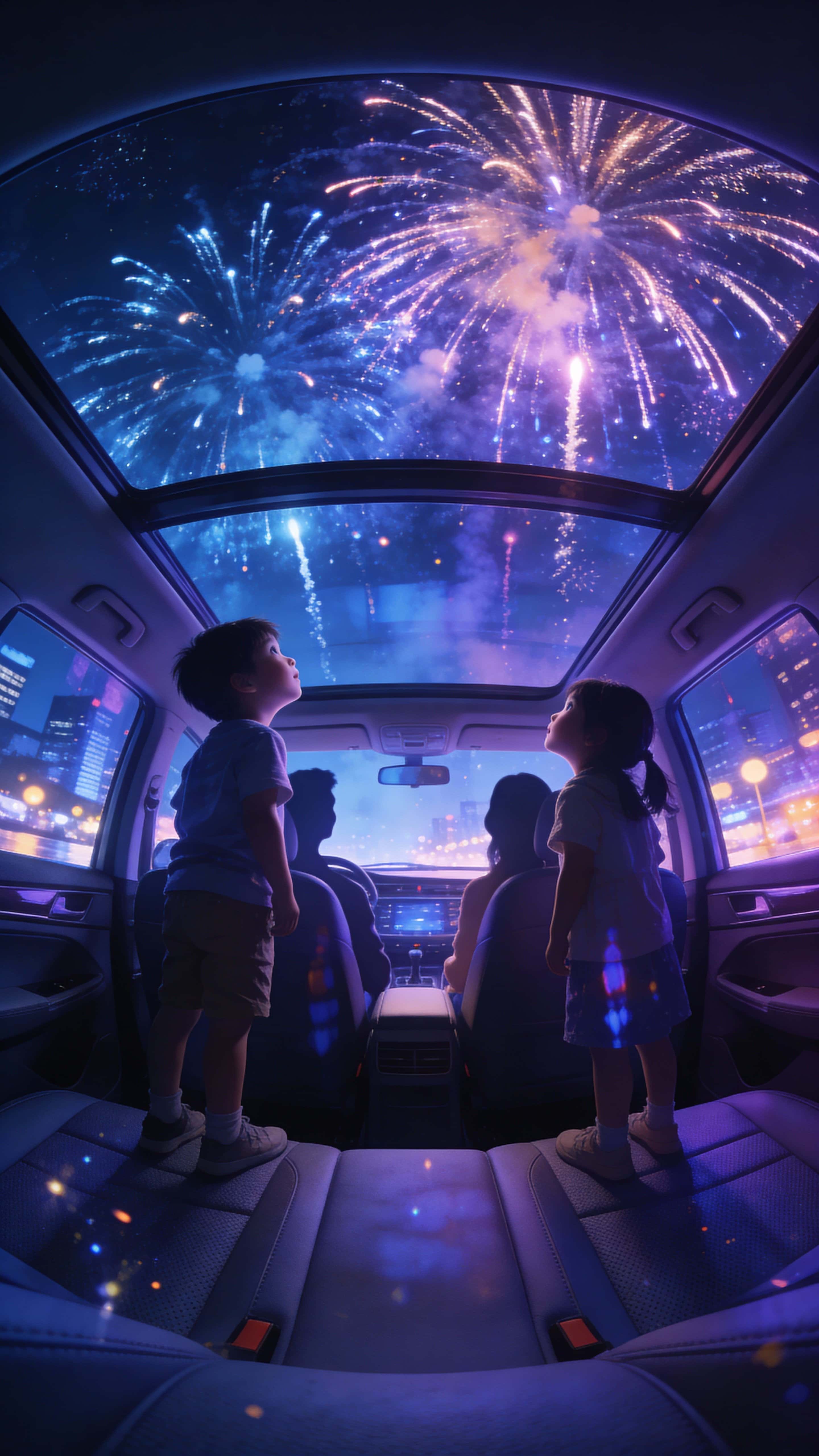 Wide-angle cinematic 9:16 portrait from inside a car cabin through a panoramic sunroof, vibrant fireworks fill the night sky as children stand on seats and parents appear in soft silhouette while city lights reflect on glass.