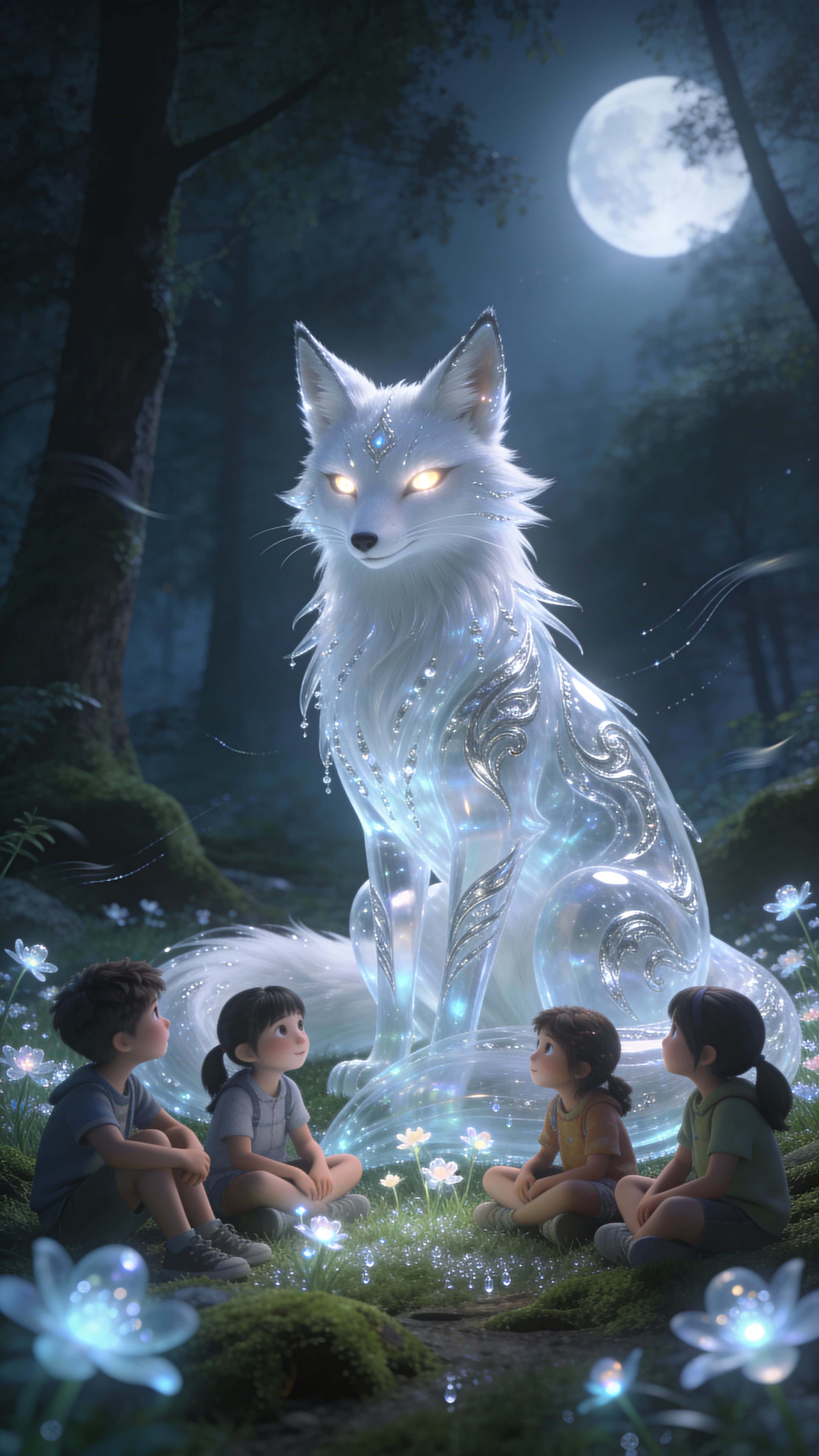 A calm, magical night scene showing children gathered around a softly glowing white fox spirit with detailed fur and moonlight reflections on nearby trees and water.