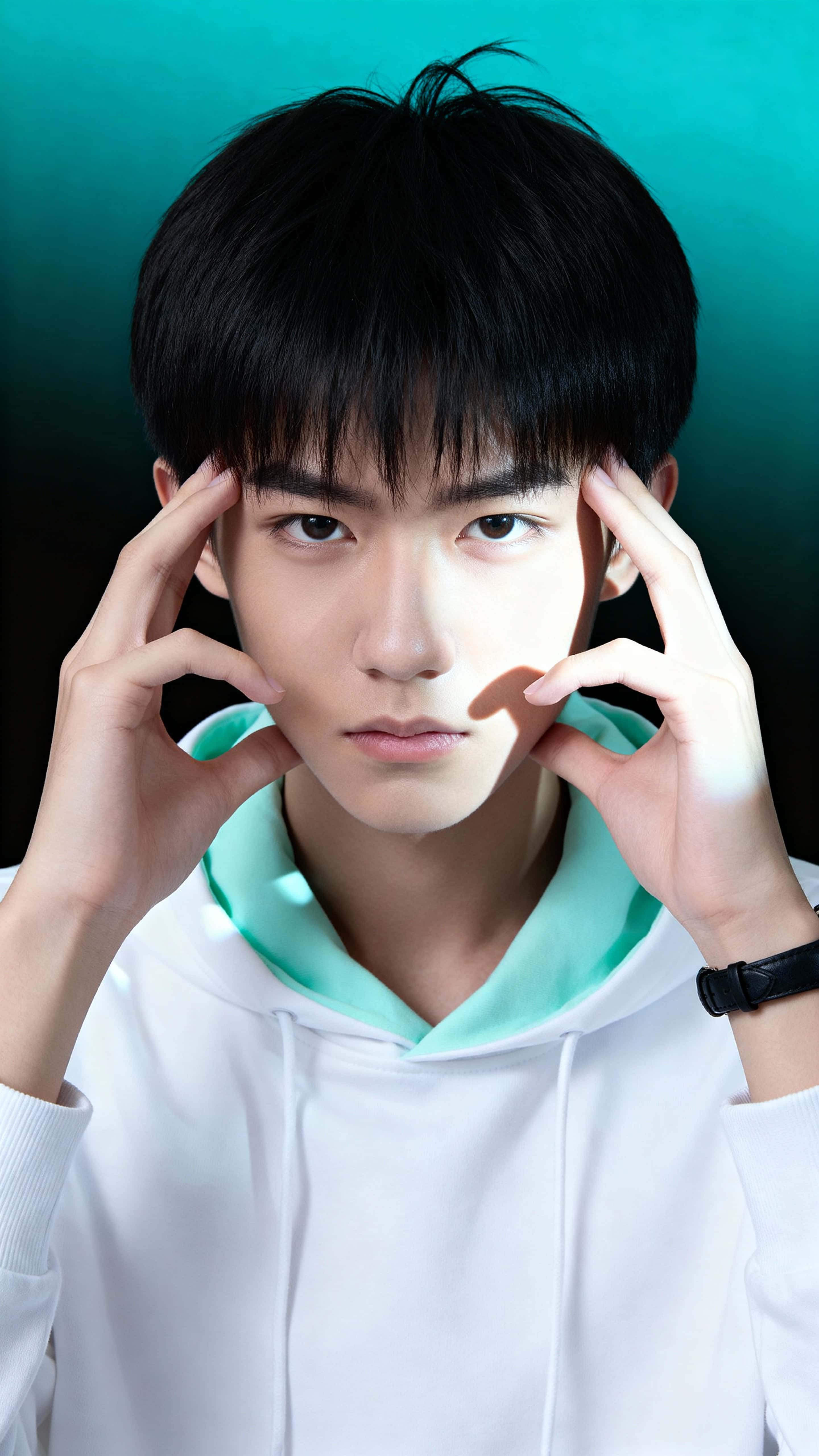 Tight 9:16 studio portrait of a 19-year-old Chinese student in a mint-lined white hoodie, hands framing his face with a contemplative expression against a blackened cyan gradient background.