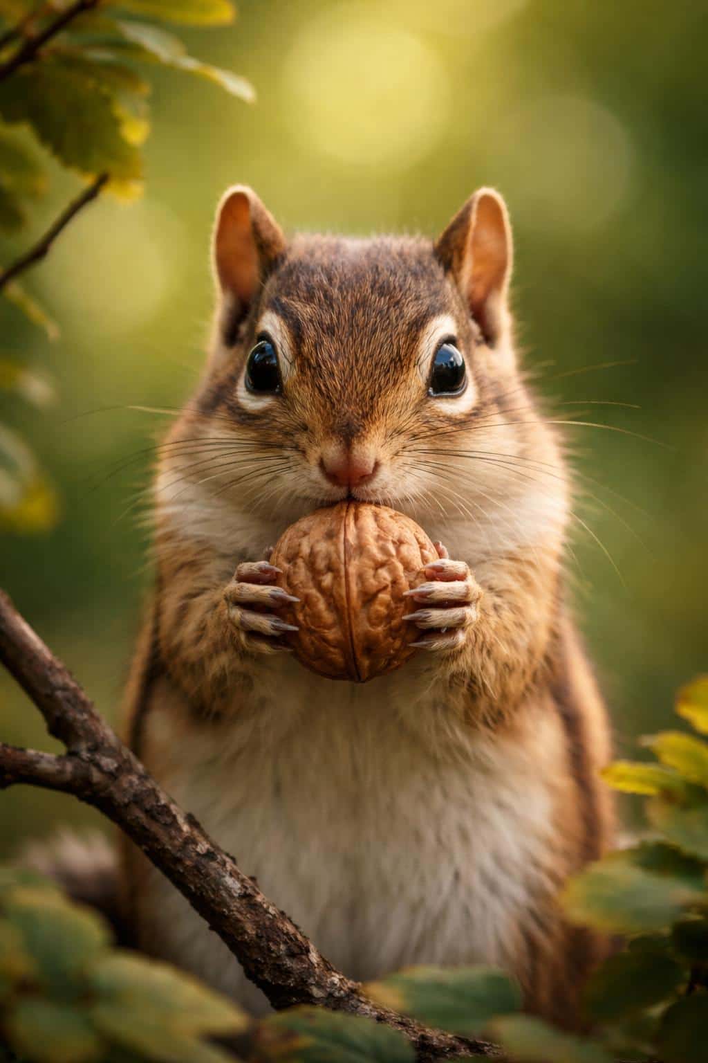 Close-up chipmunk portrait photograph with shallow depth and warm highlights, composed in a 2:3 vertical frame for wallpaper or poster use with faithful spatial and lighting fidelity.