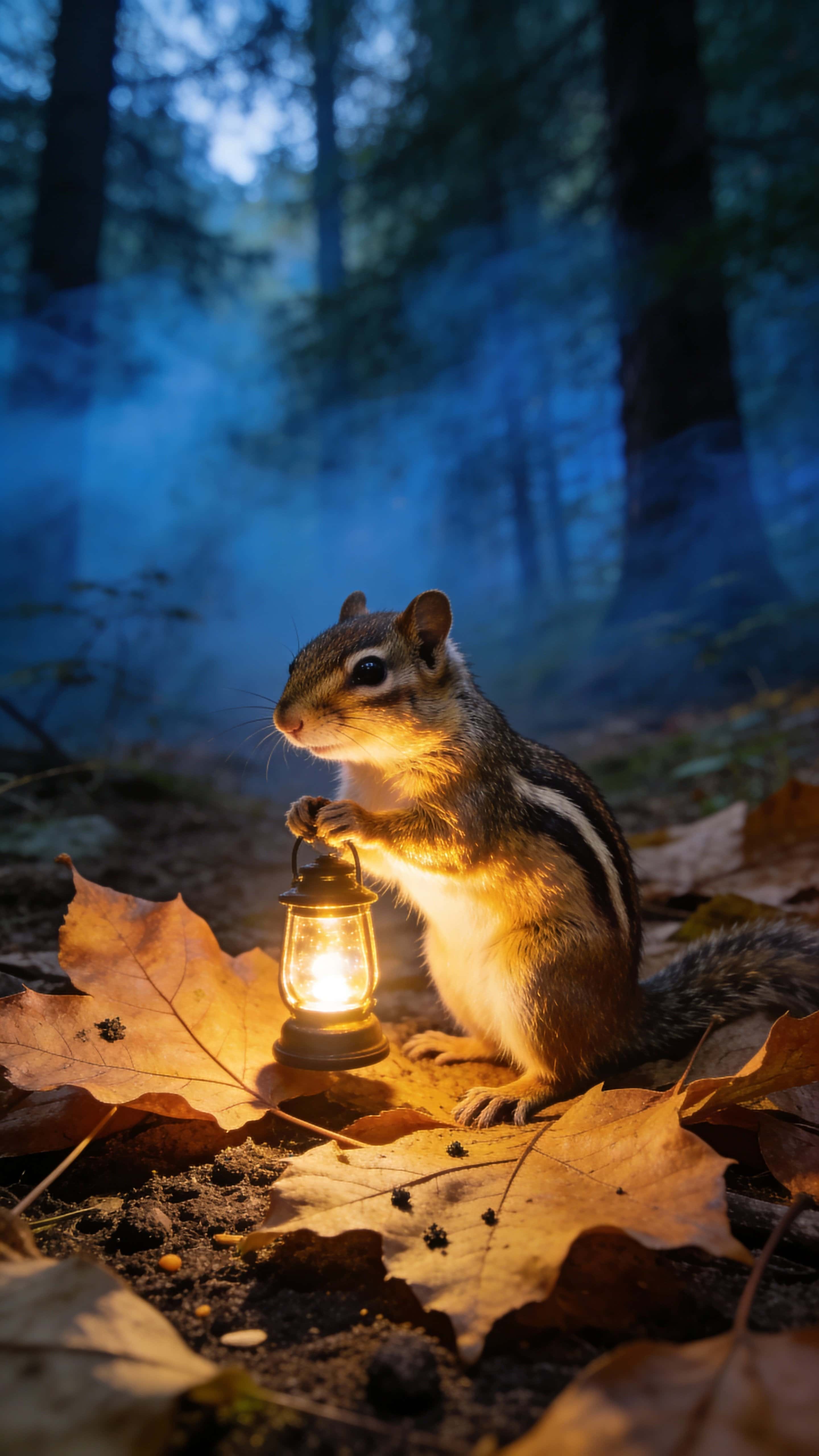 A chipmunk stands on crisp fallen leaves holding a warm lantern that casts amber highlights across its detailed fur against a deep forest filled with blue haze.