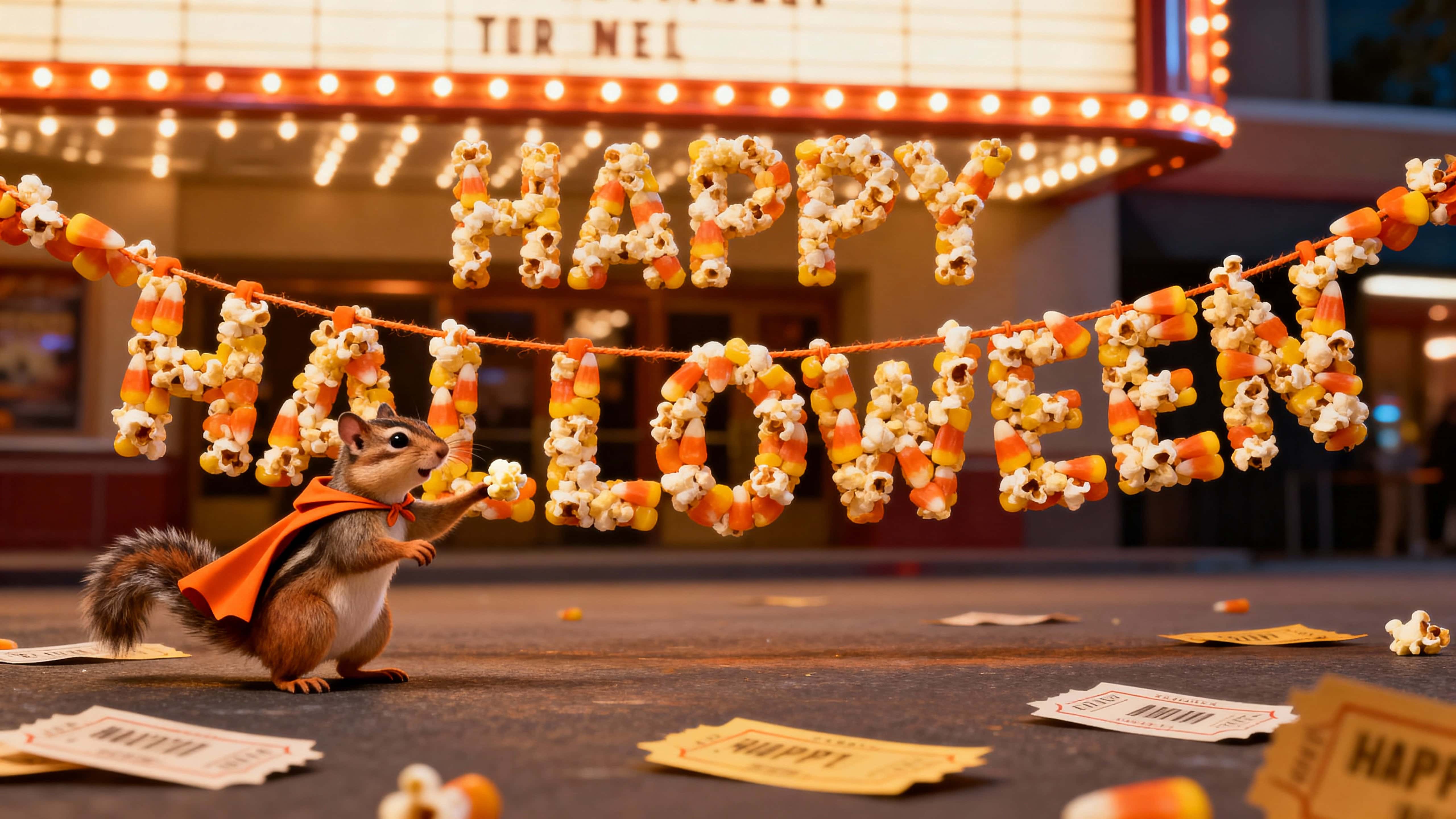 Photo-quality 3D render in 16:9 of HAPPY HALLOWEEN formed from popcorn-and-candy-corn garlands with a caped chipmunk tossing a kernel at the E, marquee glow, shallow DoF, paper tickets, clean margins, palette (#FFB347 #FFD166 #FF7F11 #7B2E2