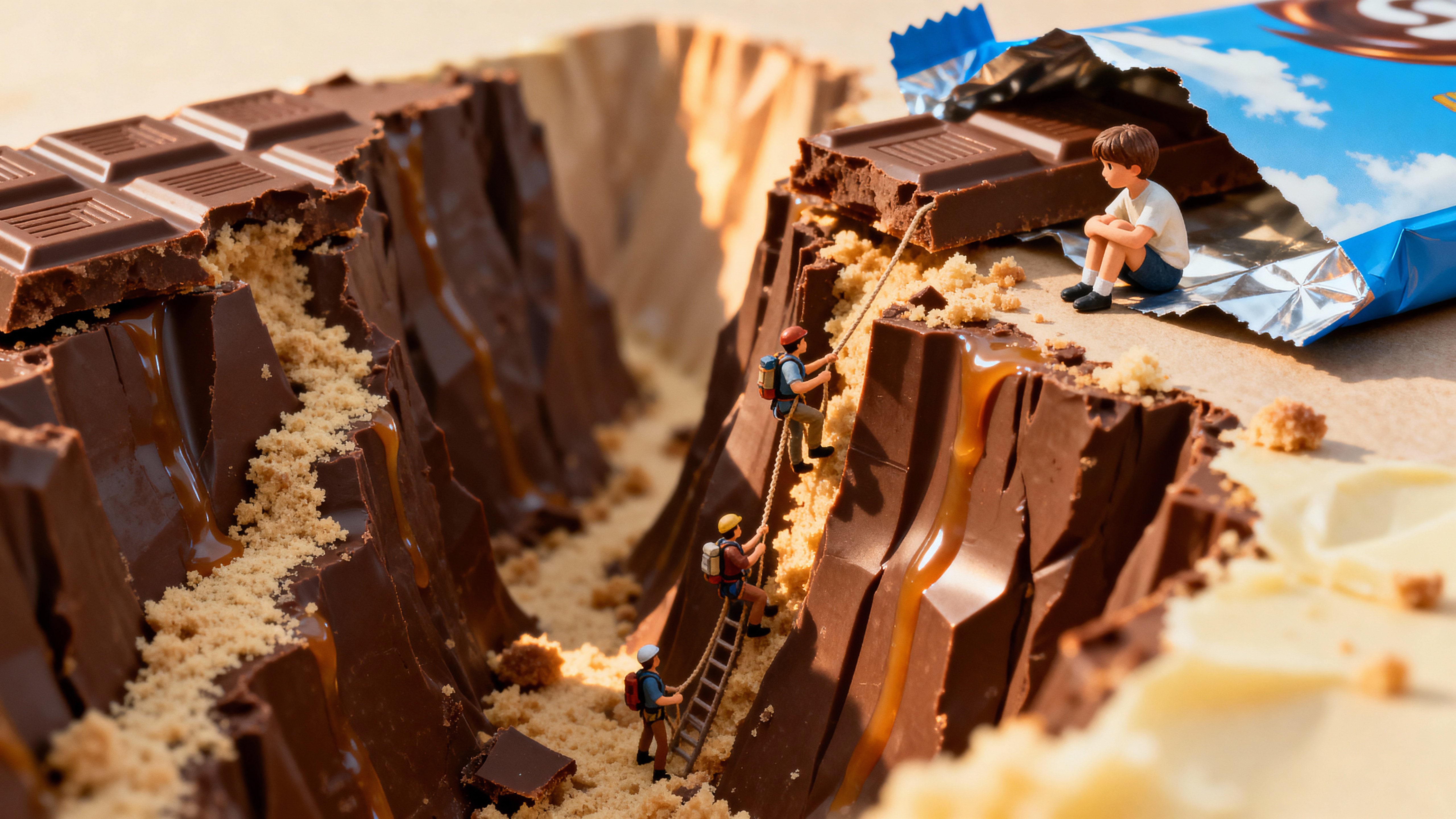 A chocolate bar cracked open reveals a miniature canyon where tiny explorers climb between chocolate cliffs while a child sits on the paper wrapper watching with quiet wonder and a soft afternoon glow envelops the scene.