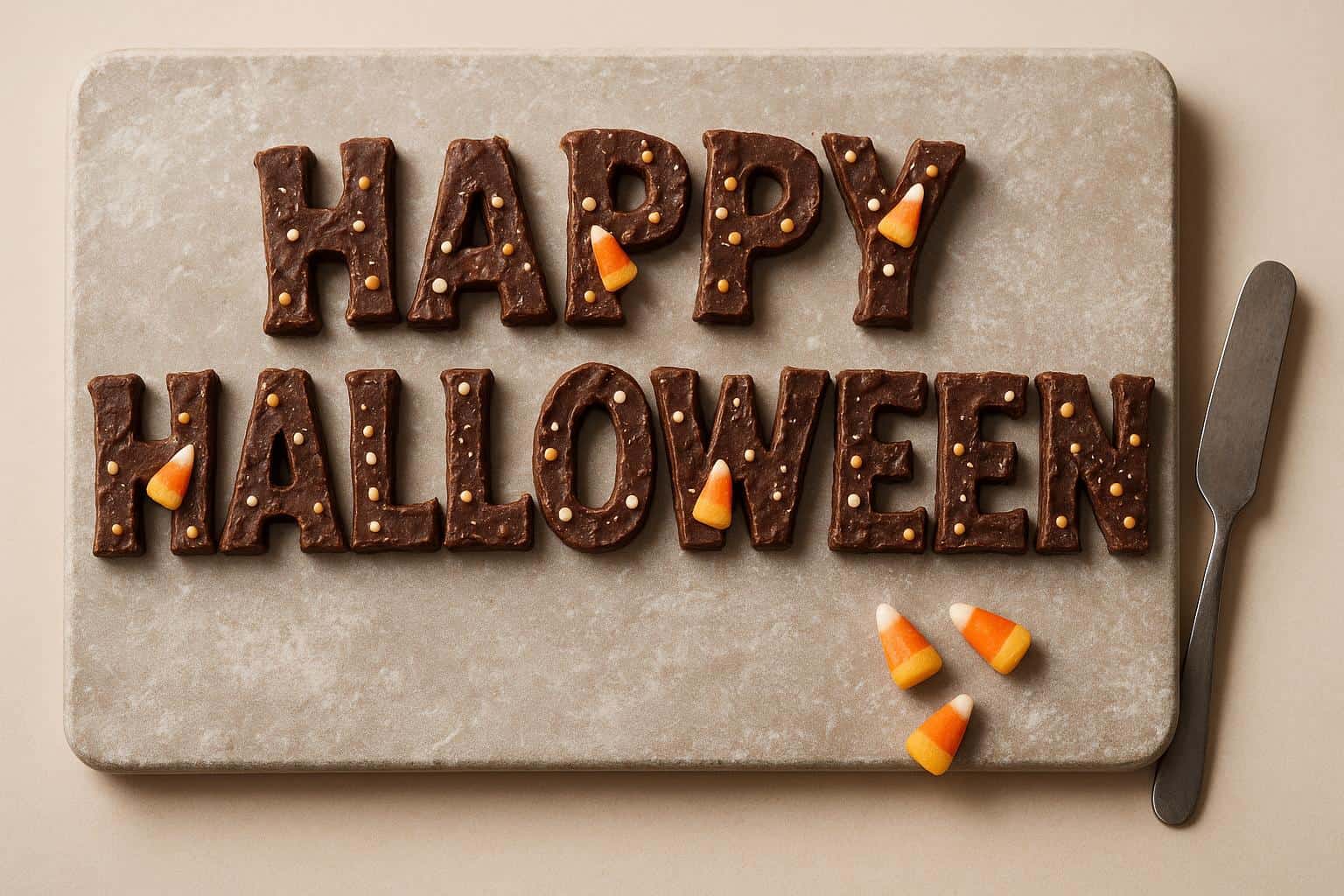 Sculpted chocolate letters spelling "HAPPY HALLOWEEN" sit on a dusted bakery-stone slab, inlaid with candy-corn triangles and sugar pearls for a warm, festive tabletop still life scene.