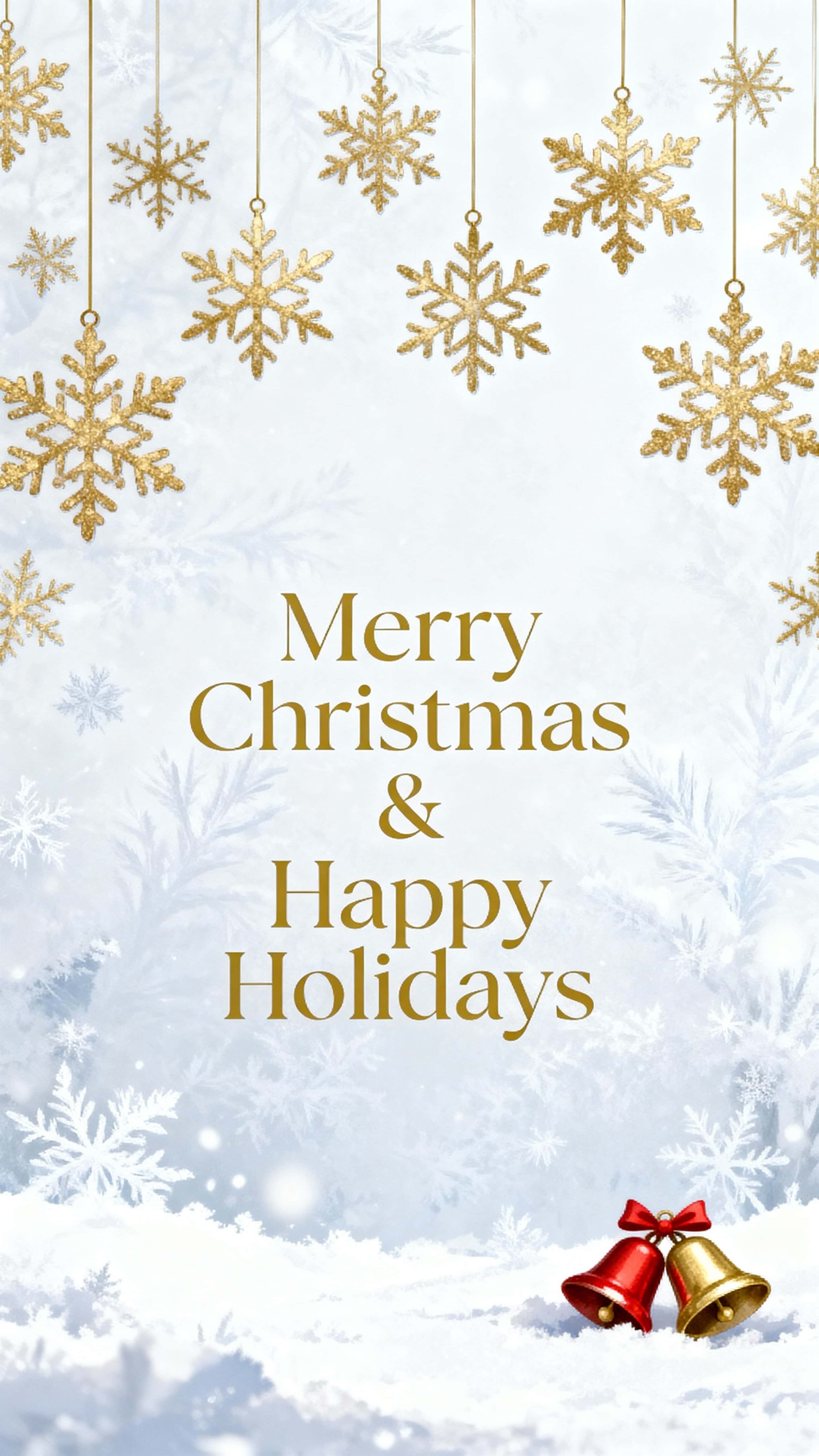 A snowy white background with faint frosty textures frames dangling golden snowflakes and a pair of red-and-gold bells at lower-right, while gold serif text reading “Merry Christmas & Happy Holidays” centers crisply.