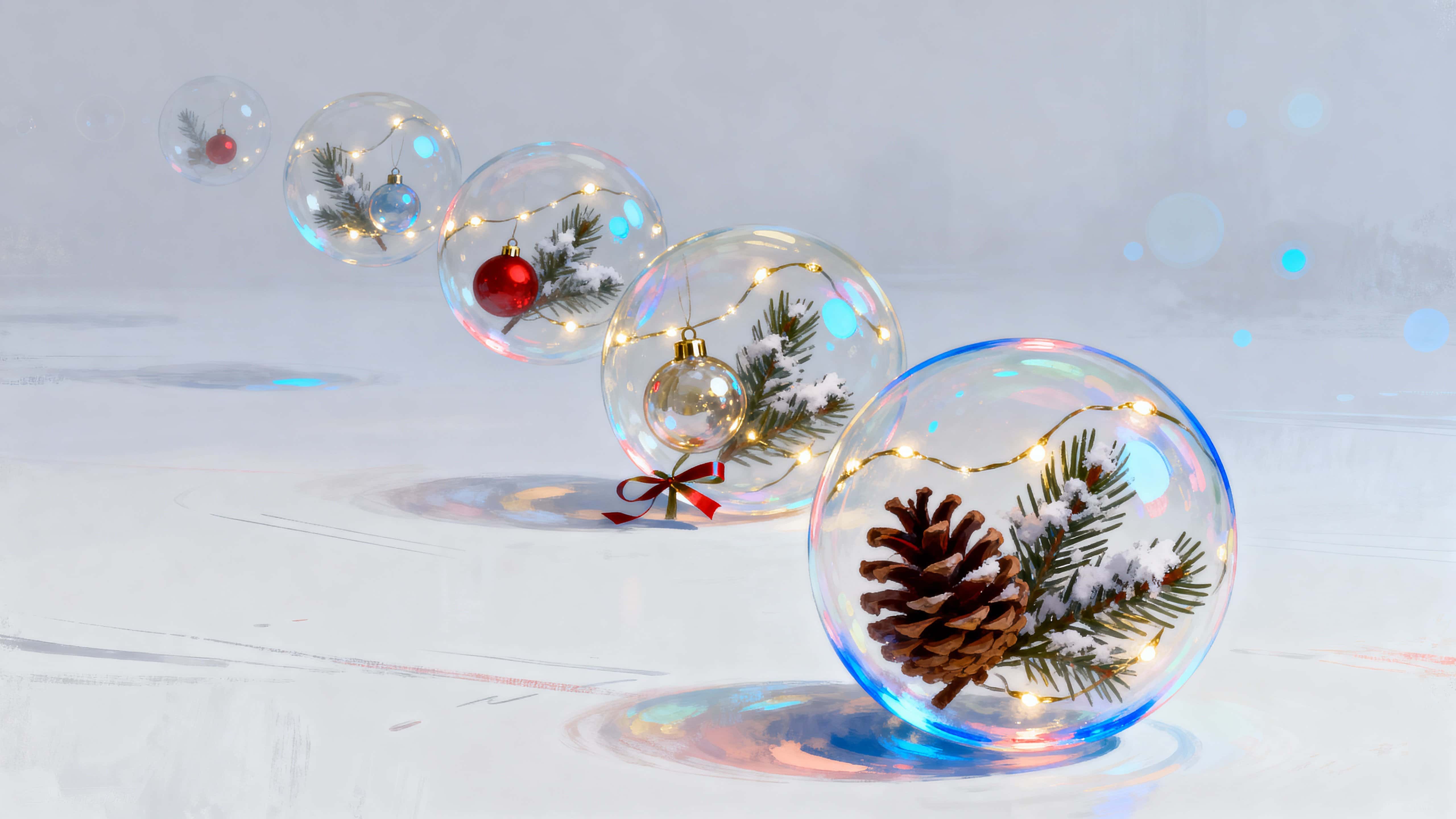 A festive scene of delicate soap bubbles carrying miniature Christmas elements like ornaments, pine sprigs, and twinkling lights across a soft neutral background within a 16:9 frame.