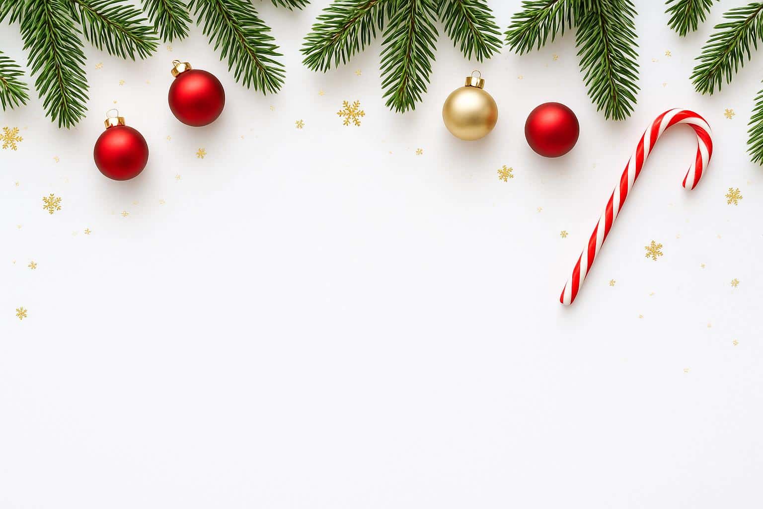 Top-down Christmas flat-lay border in a 3:2 frame on pure white, with sparse pine greenery along the top edge, matte red and metallic gold ornaments, a single candy cane at the right corner, and scattered gold snowflake confetti and tiny gl