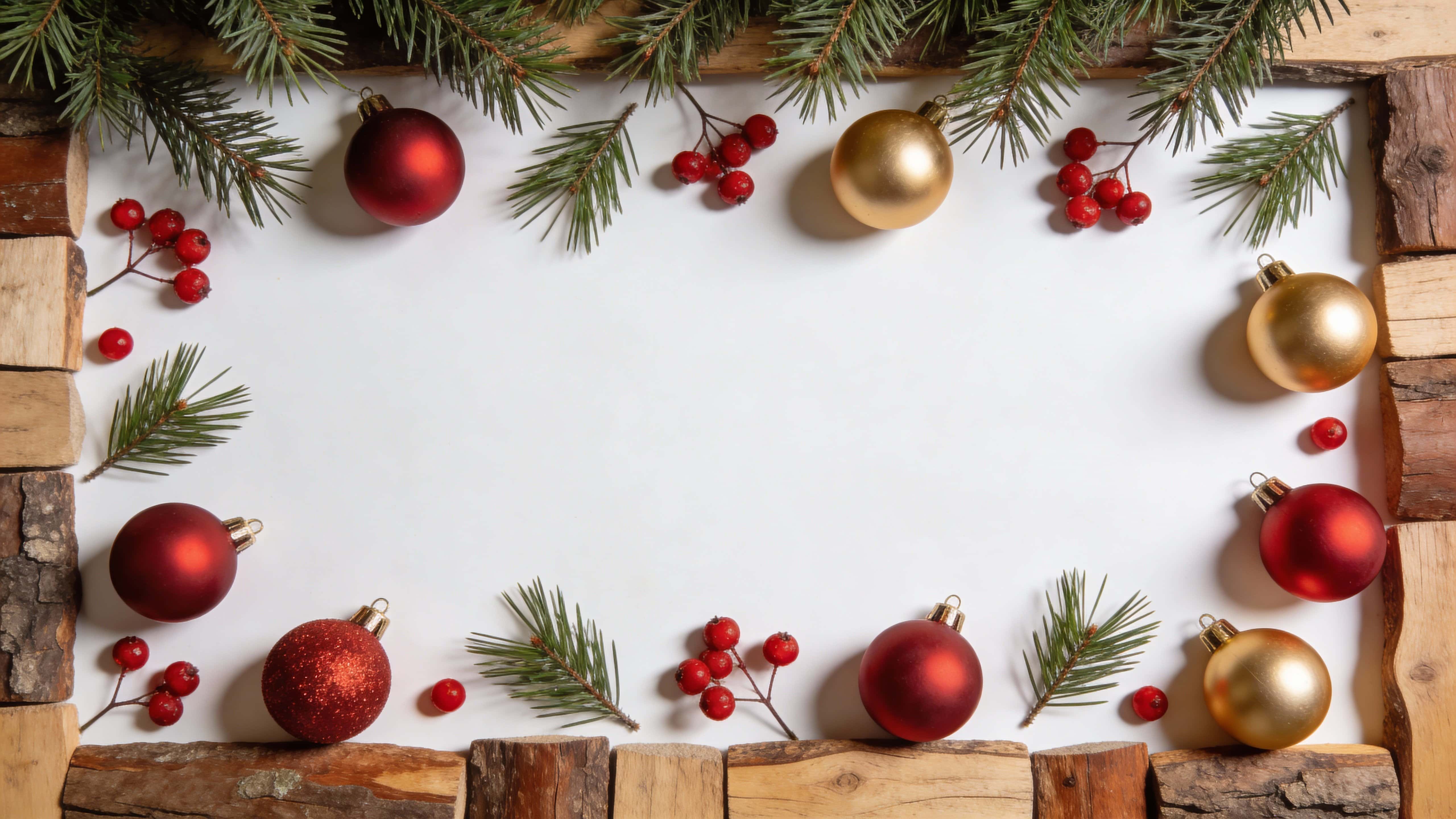 Top-down rustic Christmas flat lay border on a clean white background with pine branches at the top edge, red berries, matte red and gold ornaments and wood accents, leaving open center space.