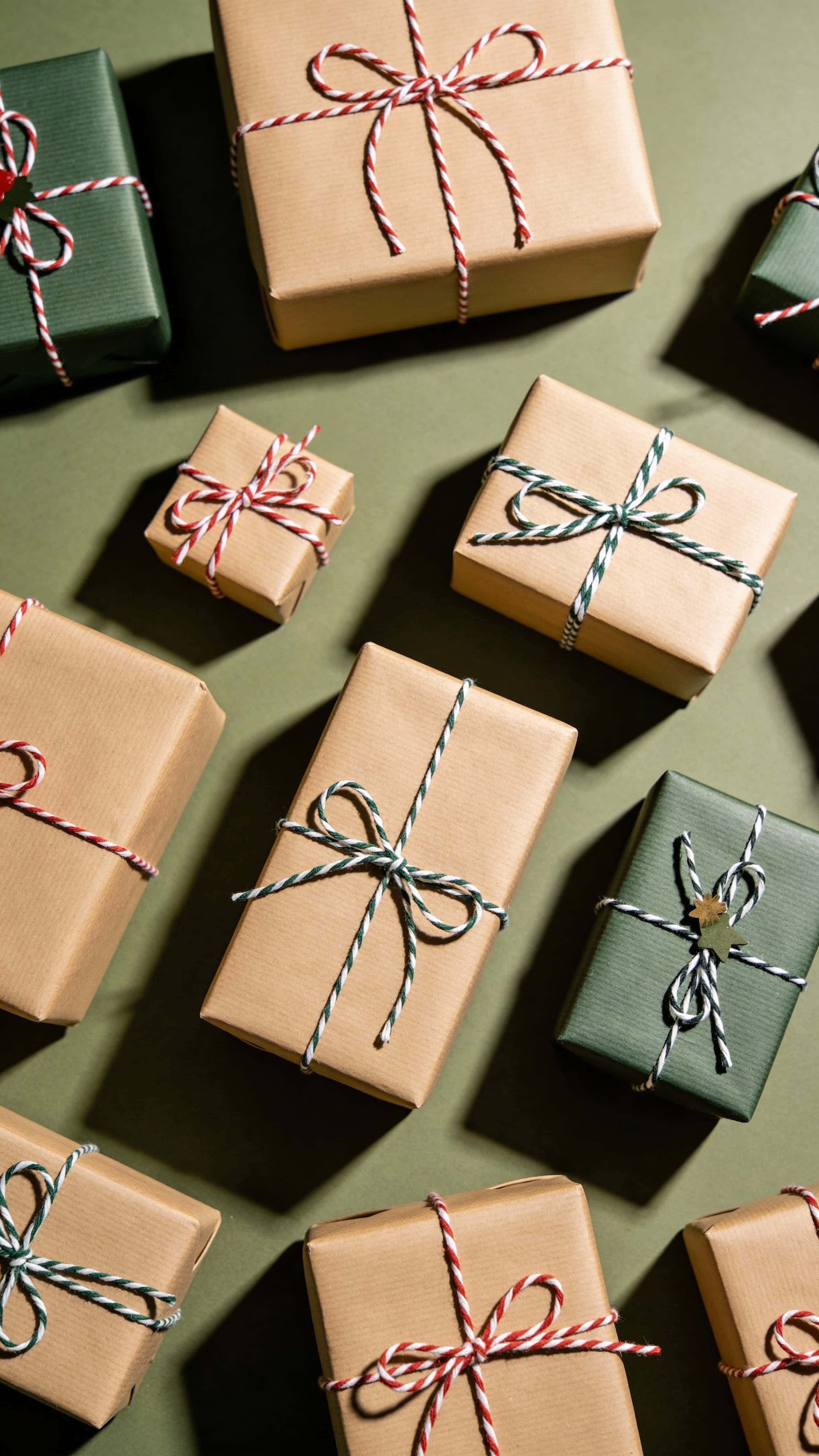 Vertical 9:16 flat-lay of neatly wrapped Christmas presents arranged centrally with warm golden tones, soft shadows, clean minimal composition, and a cozy holiday mood.