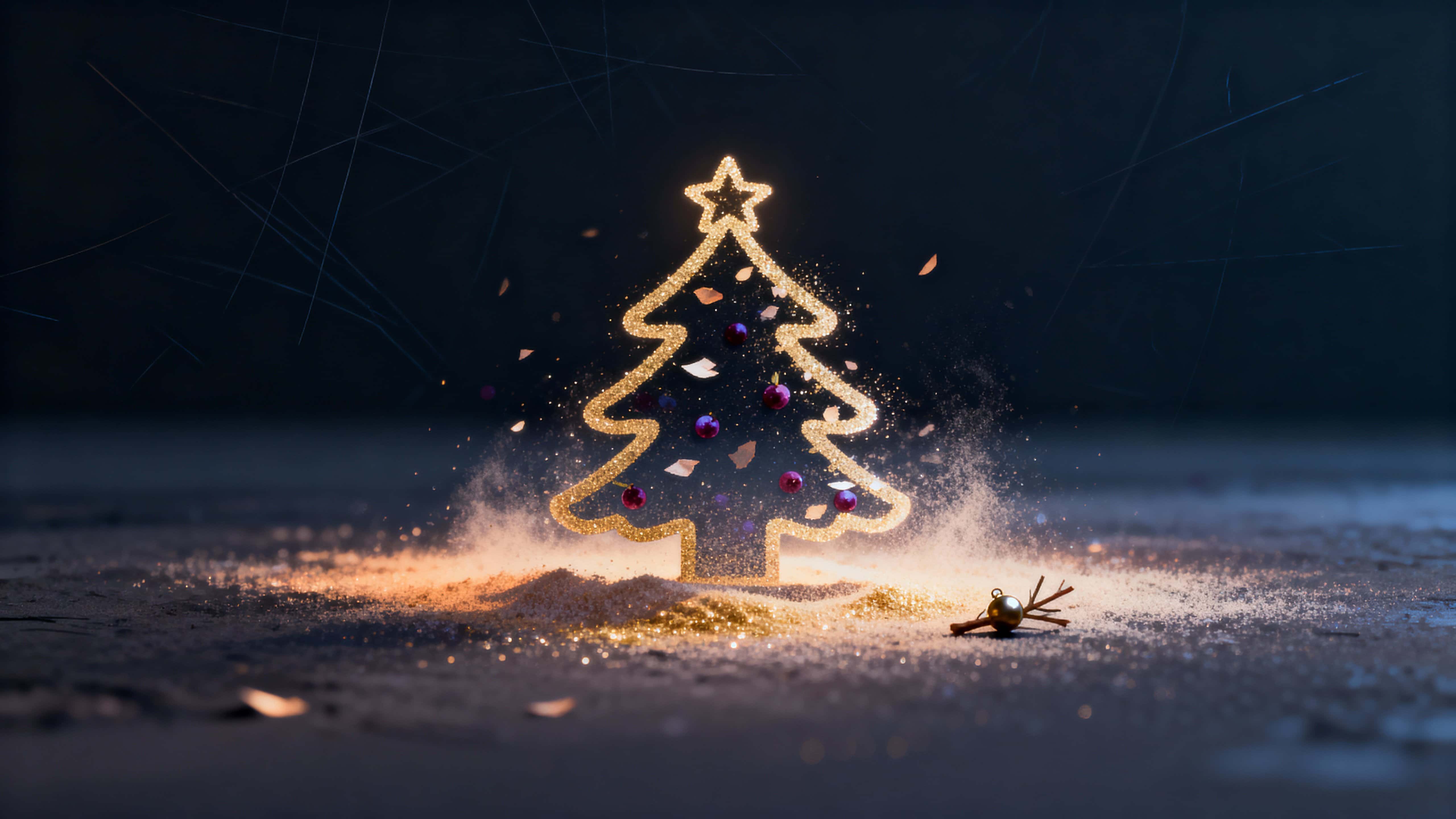 A minimal Christmas icon composed of drifting glowing dust particles arranged into a simple seasonal symbol against a dark neutral backdrop, evoking serene holiday warmth and quiet wonder.
