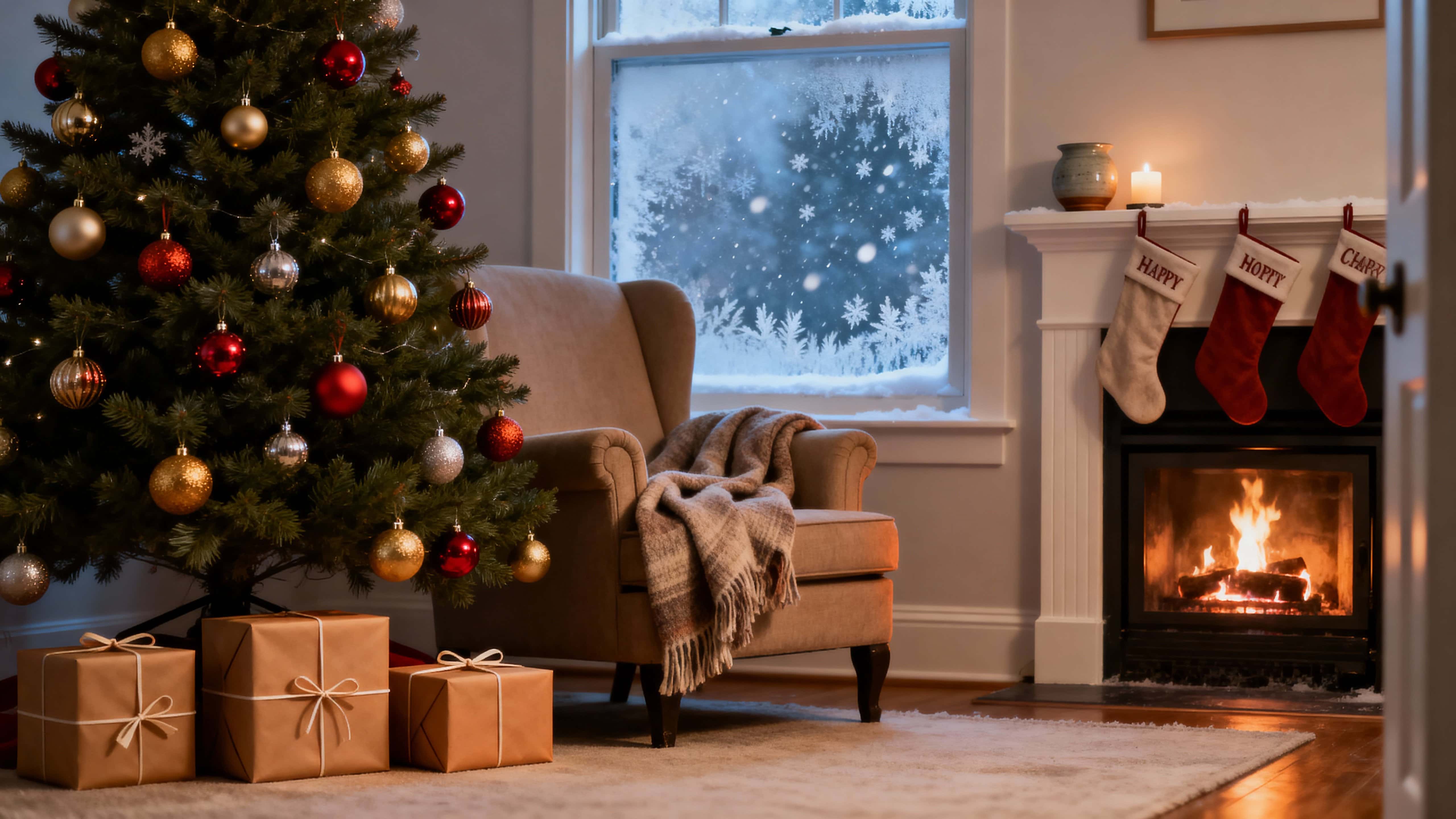 A warm, glowing living room on Christmas Eve with soft yellow lights on a decorated tree, wrapped gifts beneath, a crackling fireplace, and gentle snowfall seen through a frosty window in a cinematic cozy atmosphere.