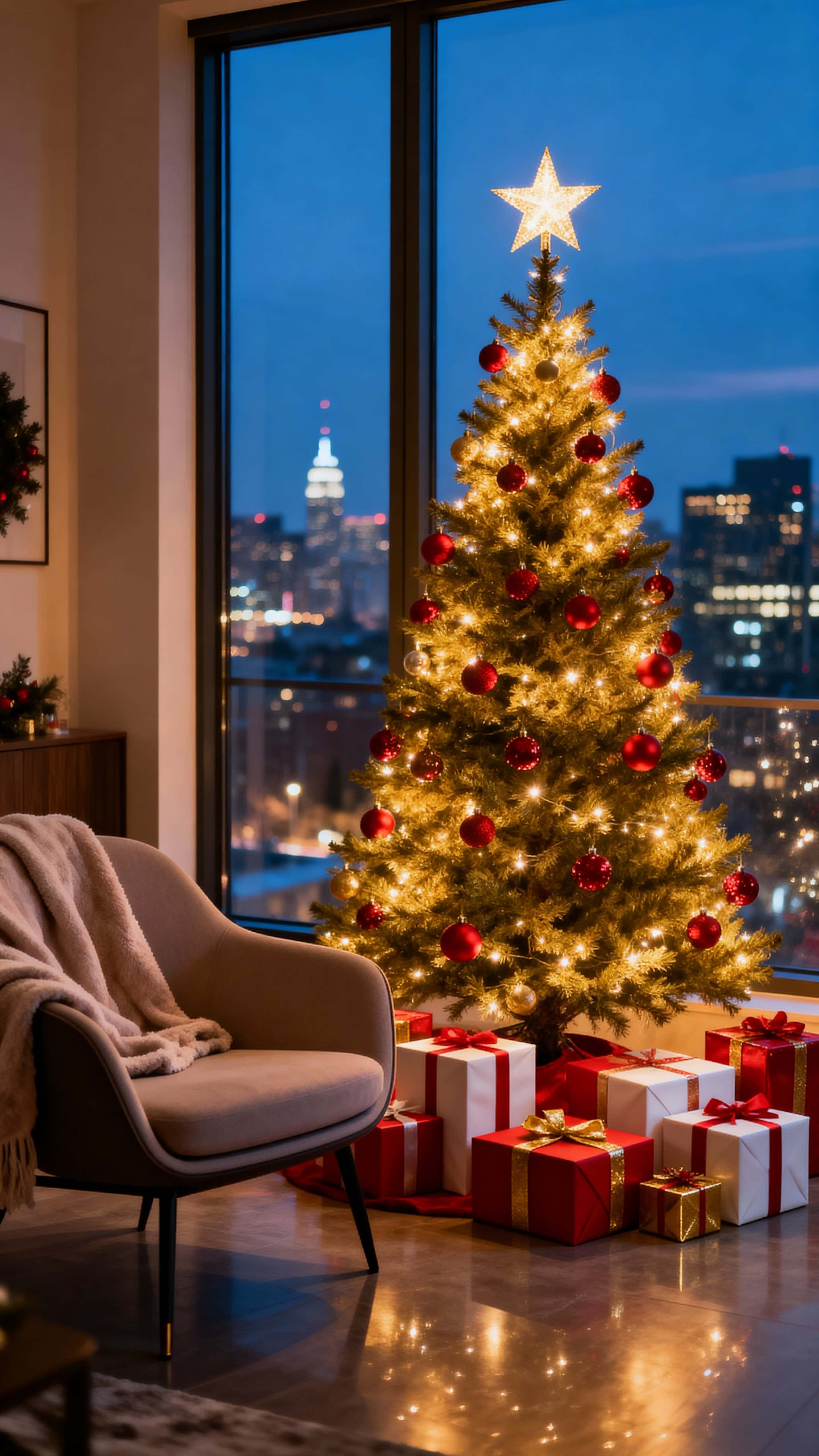 Cozy Christmas living room with a warm glowing tree beside a tall window overlooking a softly lit evening city, golden lights and red ornaments above neatly wrapped gifts and a modern armchair.