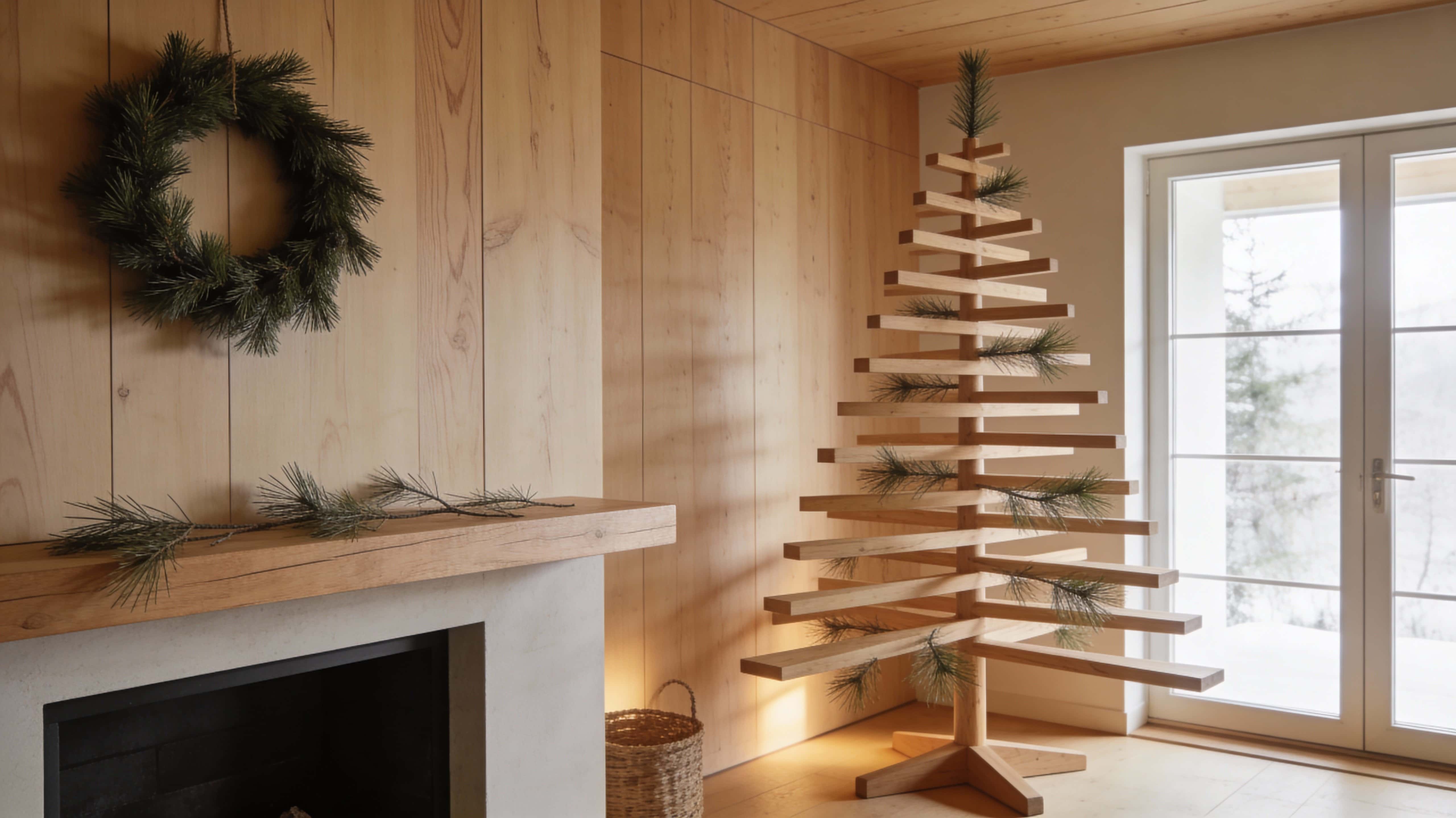 A minimal cozy Christmas mantel shot in 16:9 with exposed warm wood grain, subtle pine sprigs and a few matte ornaments against cream and soft gold tones.