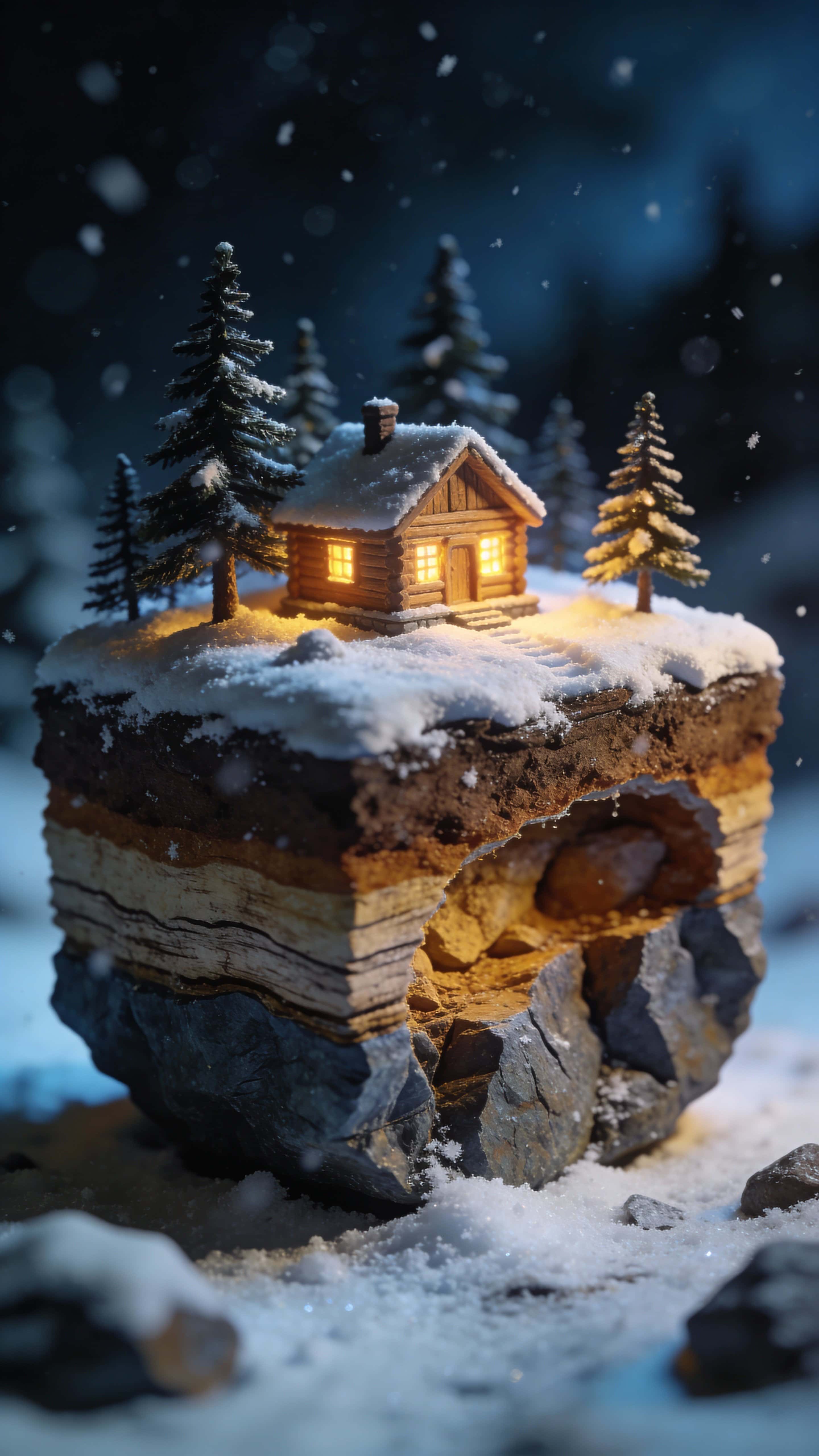 A cinematic 3D macro Christmas miniature world with a glowing wooden cabin on a snow-covered floating block, cutaway rock layers, pine-tree silhouettes and soft snowfall in a vertical 9:16 portrait crop.