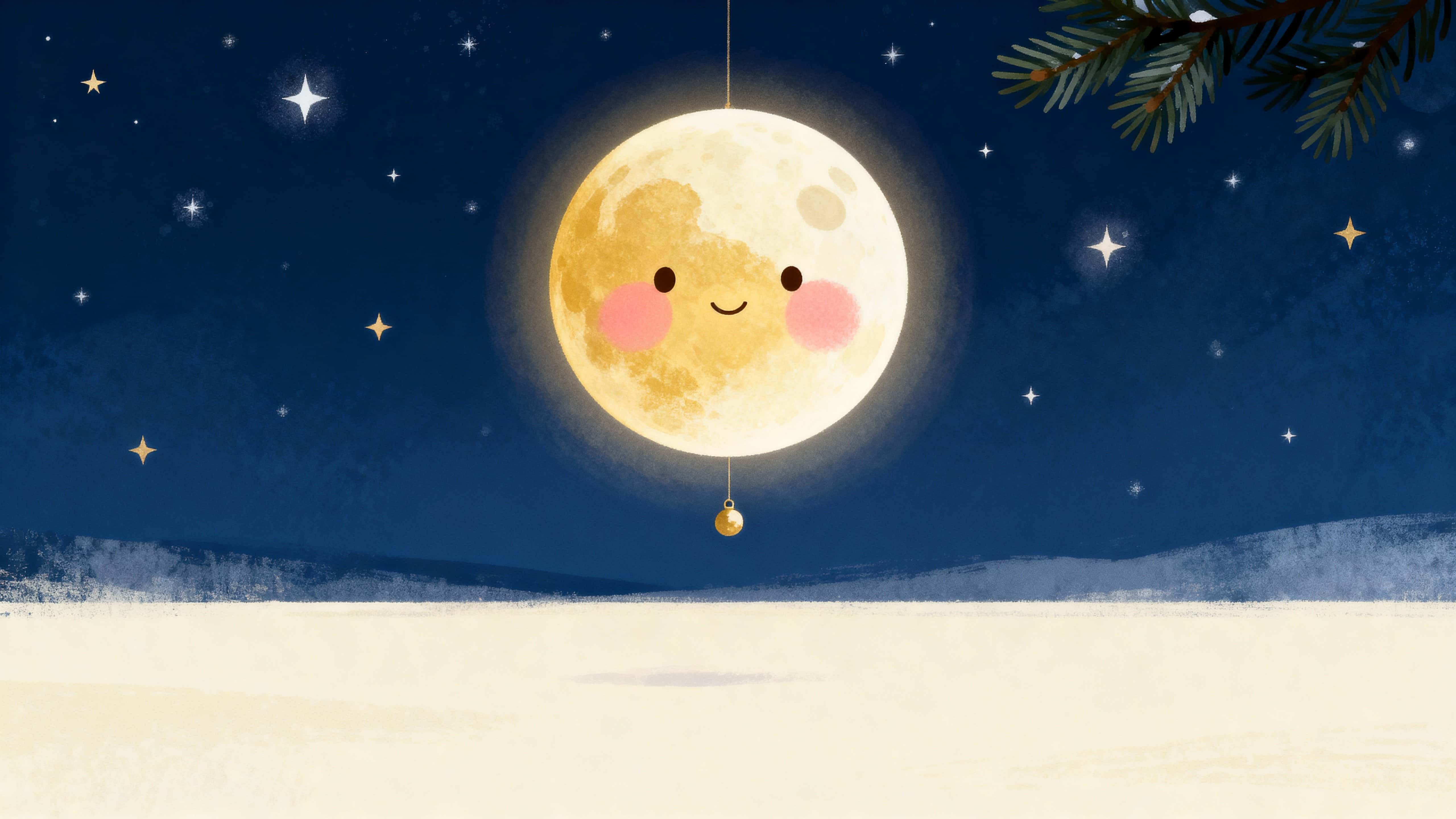 A cute round Christmas moon with soft blushing cheeks floats in a warm nighttime sky, framed for a 16:9 greeting composition with a gentle glow and whimsical holiday charm.