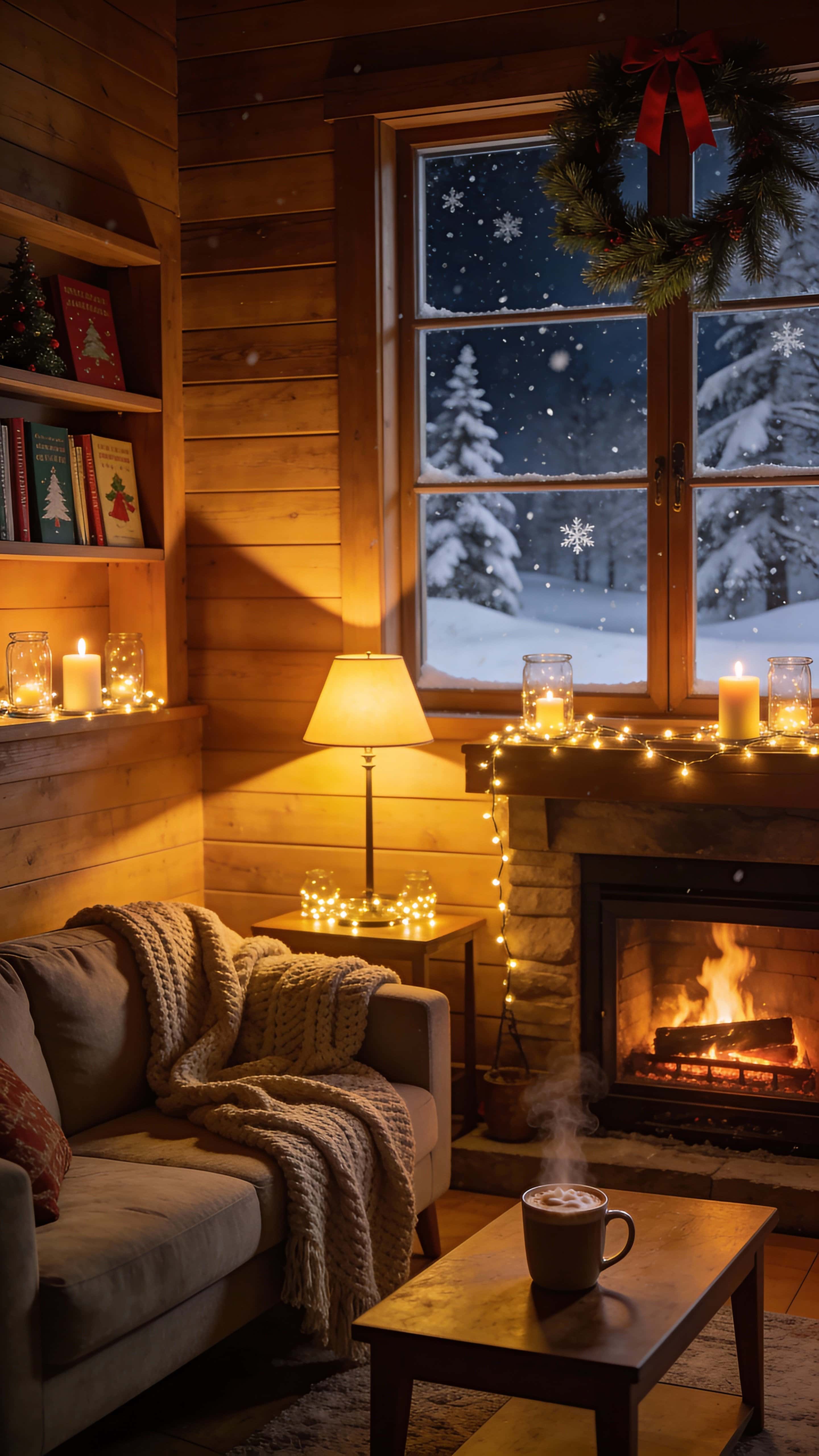 A cozy 9:16 interior showing a wooden room lit by warm yellow fairy lights and candles, with a window revealing a softly snowing winter night outside, evoking peaceful holiday warmth.