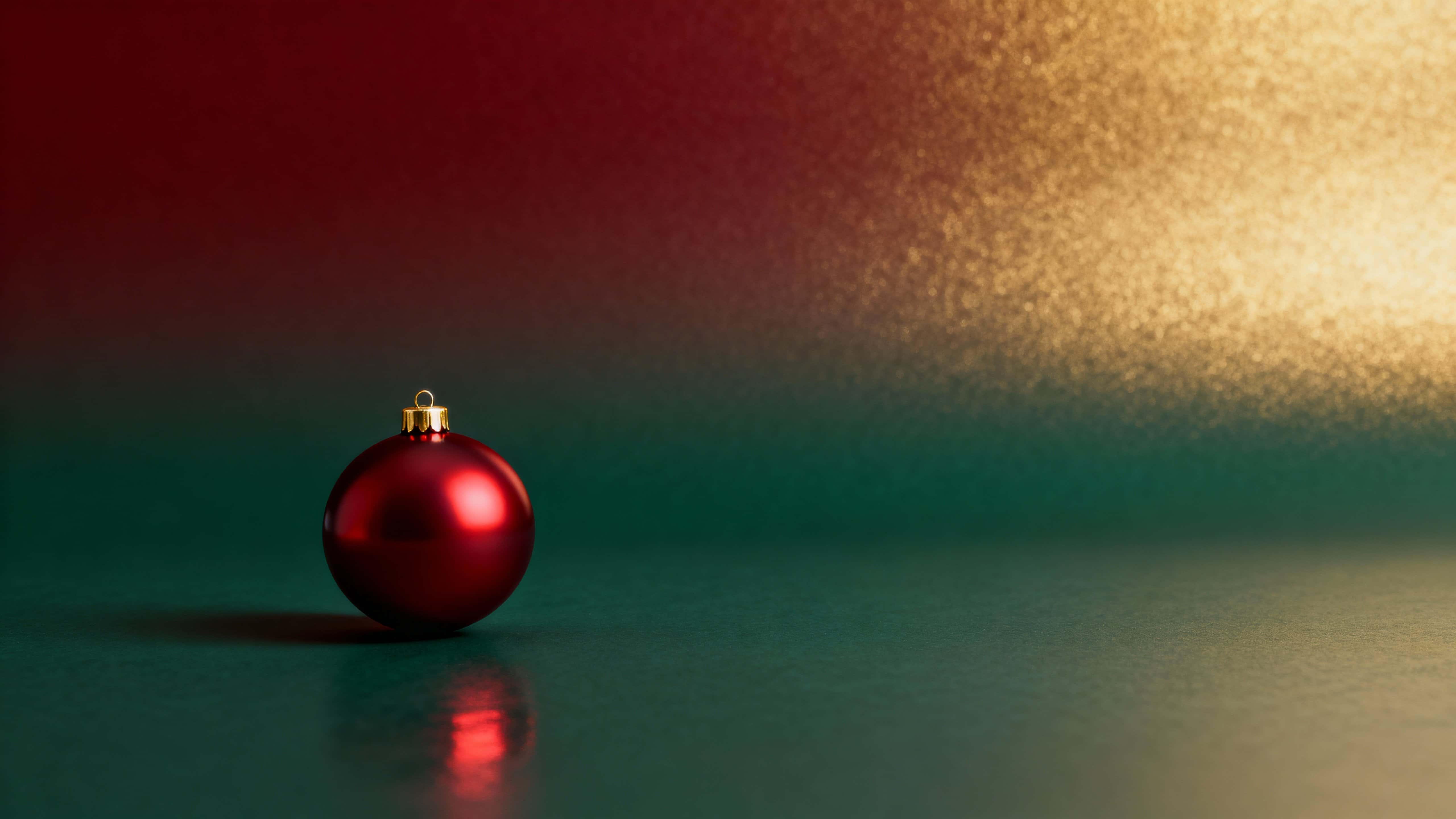 A single glossy deep-red Christmas ornament with a tiny golden cap rests slightly left-of-center on a smooth surface against a dark green to emerald gradient with calm copy space on the right, evoking an elegant, minimal holiday mood.