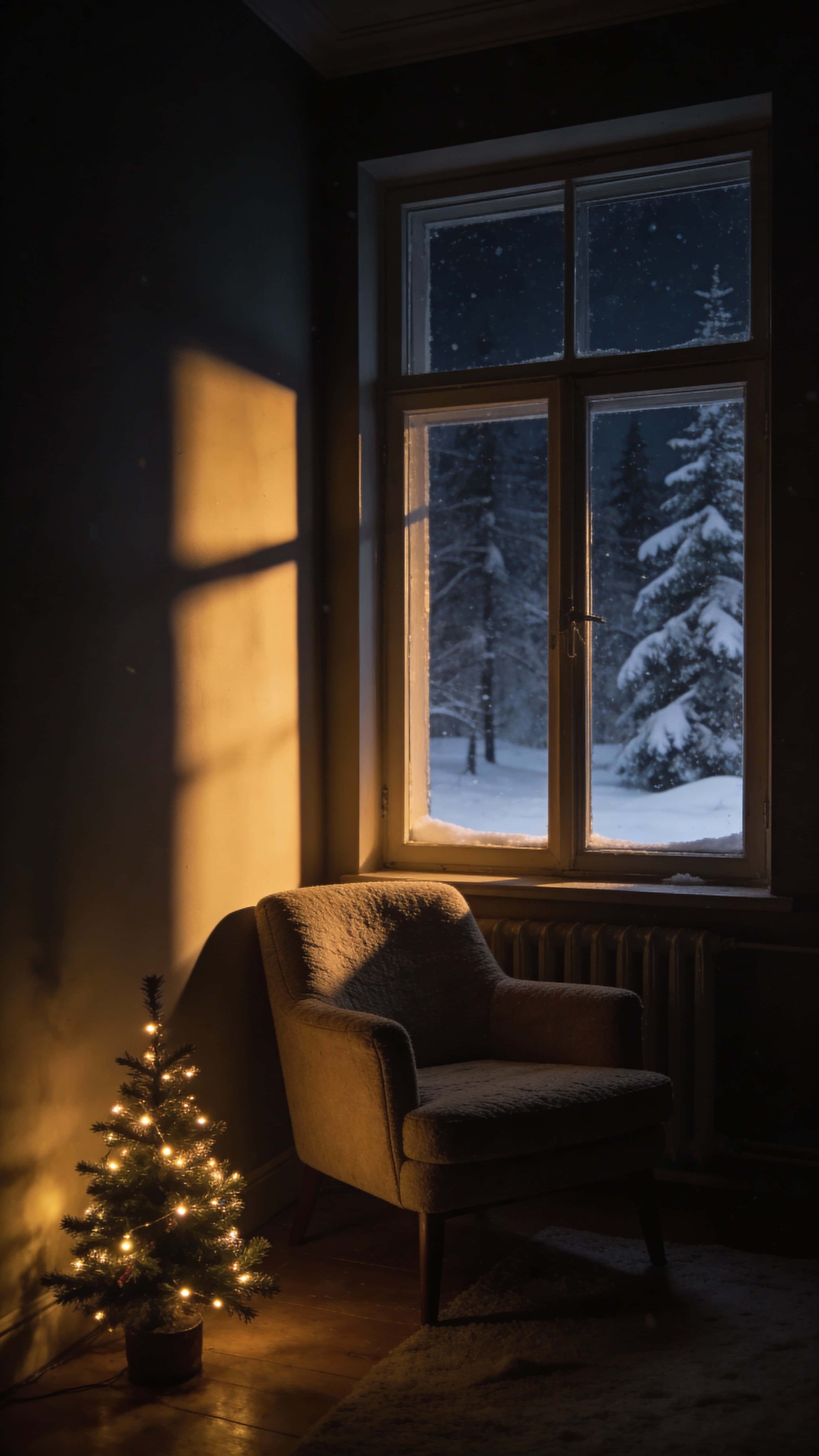 A quiet Christmas night in a dark room lit by a single warm lamp, snow visible through the window, conveying calm solitude and a peaceful, cinematic storytelling mood.