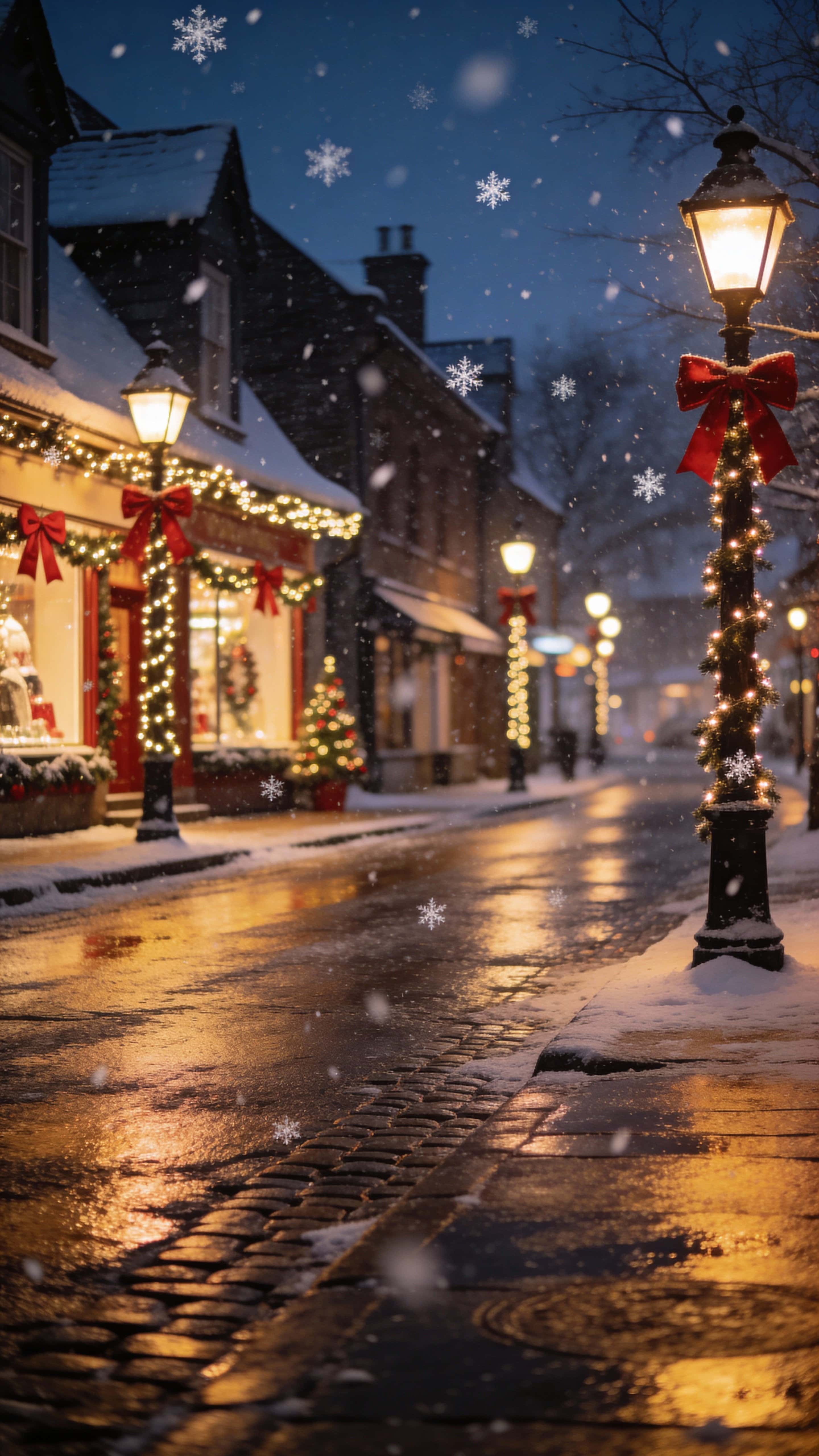 A quiet vertical 9:16 view of a Christmas street at night with glowing lamps and gentle snowfall, warm reflections on the wet road and festive decorations, evoking nostalgic holiday calm.