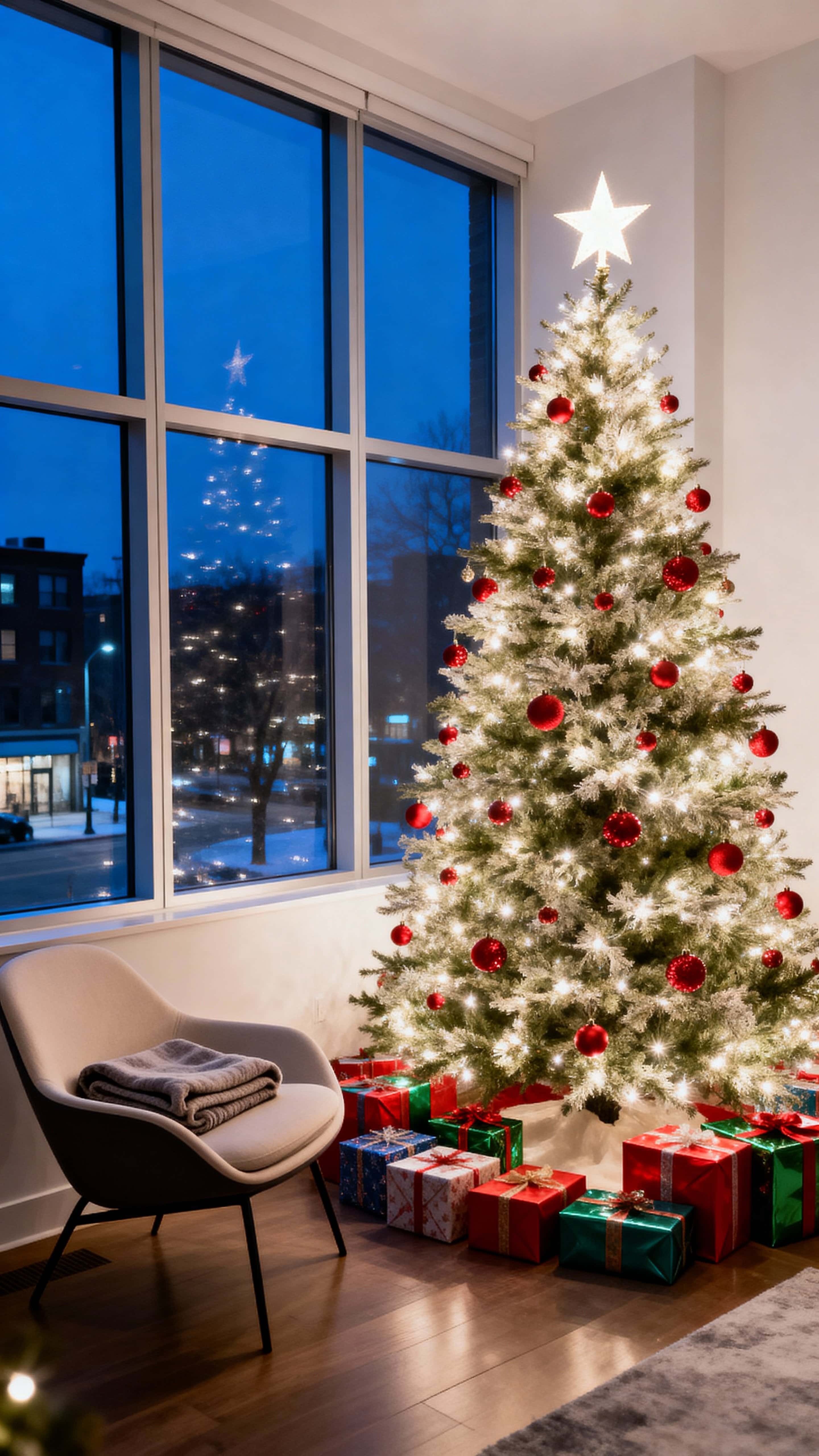 A serene indoor holiday scene: a warmly lit Christmas tree with white lights, red ornaments, and a star stands beside large windows revealing a quiet night cityscape, with colorful gifts at the base and a modern chair with a folded blanket,