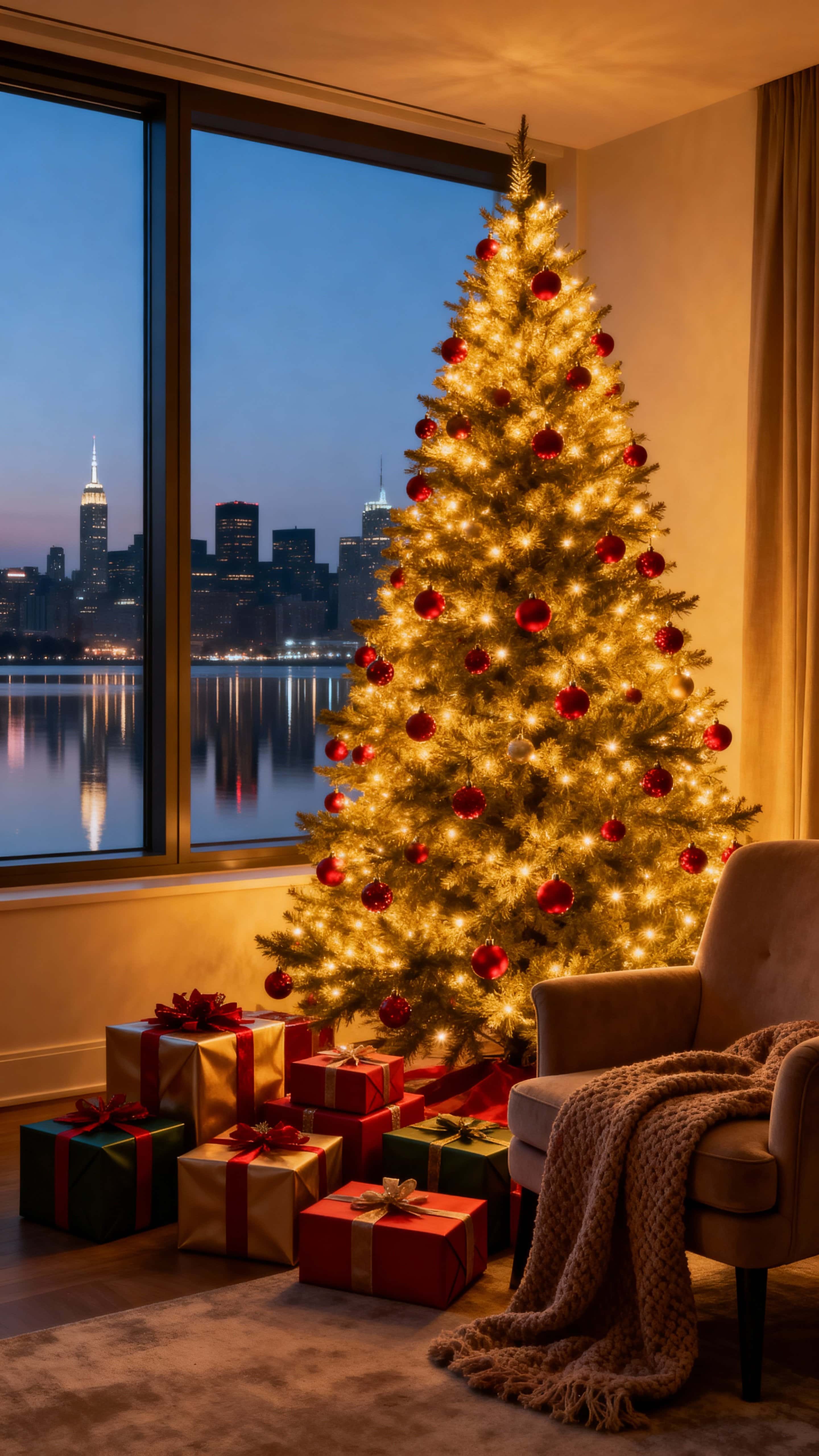 A warmly lit modern living room with a tall Christmas tree draped in dense golden lights and red baubles beside a large window revealing a calm nighttime skyline with gentle reflections.