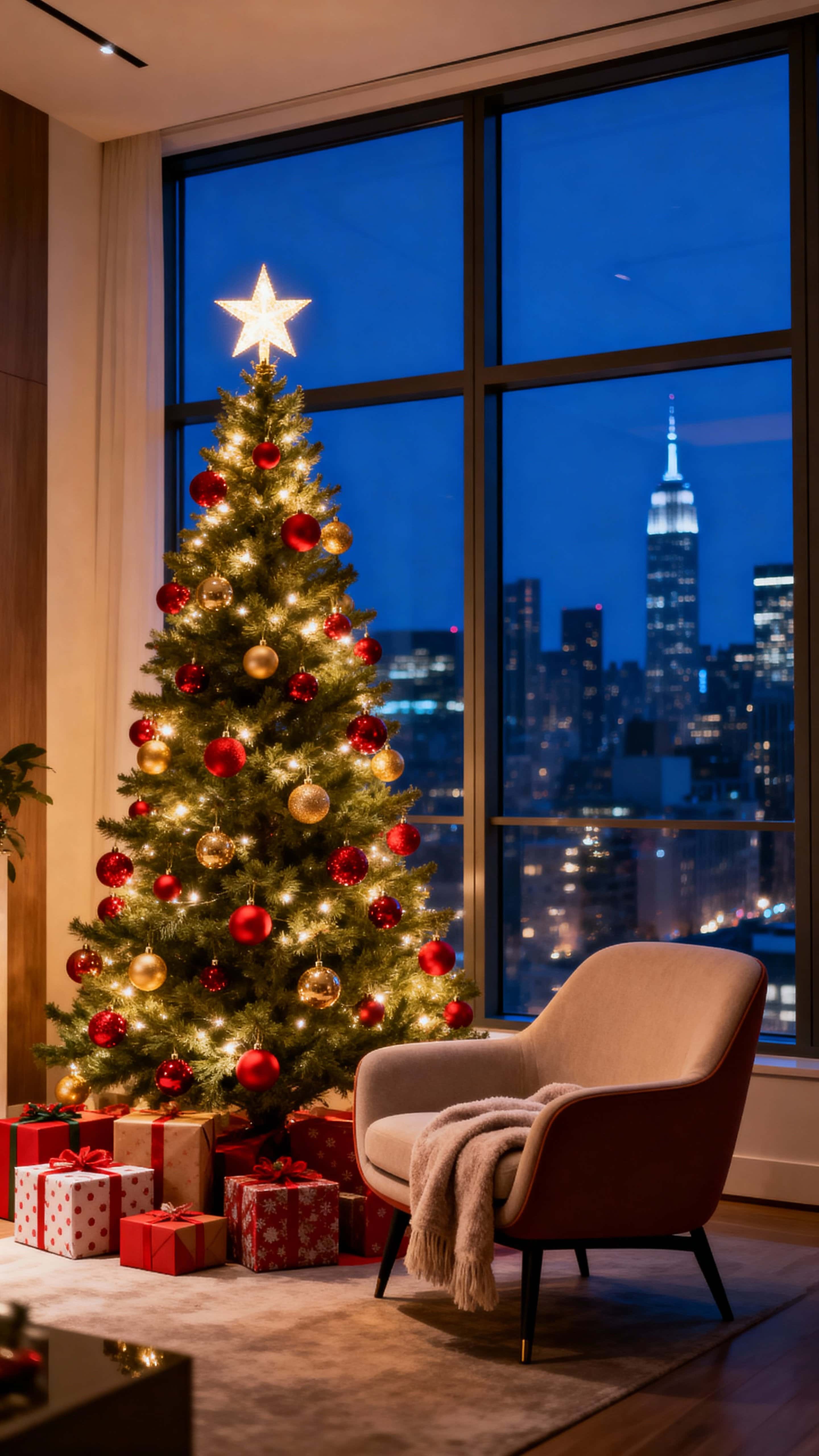 A tall glowing Christmas tree fills a modern holiday interior beside a wide night window, its red and gold ornaments and wrapped gifts near a cozy armchair with warm light contrasting cool deep-blue city views.