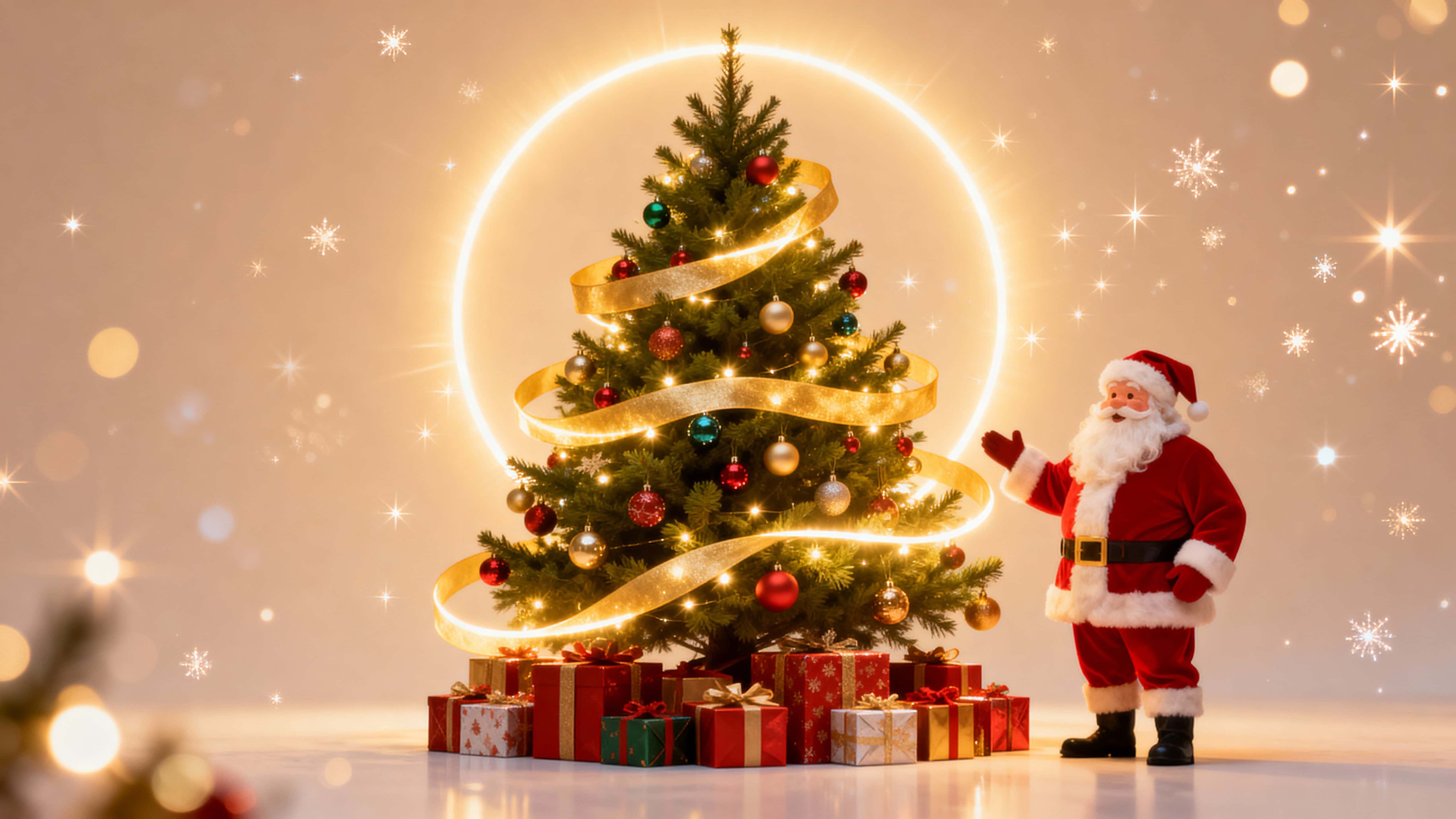 A bright, joyful Christmas display features a lush evergreen tree wrapped in a glowing ribbon and golden lights, surrounded by wrapped gifts and a warm Santa, framed in 16:9.