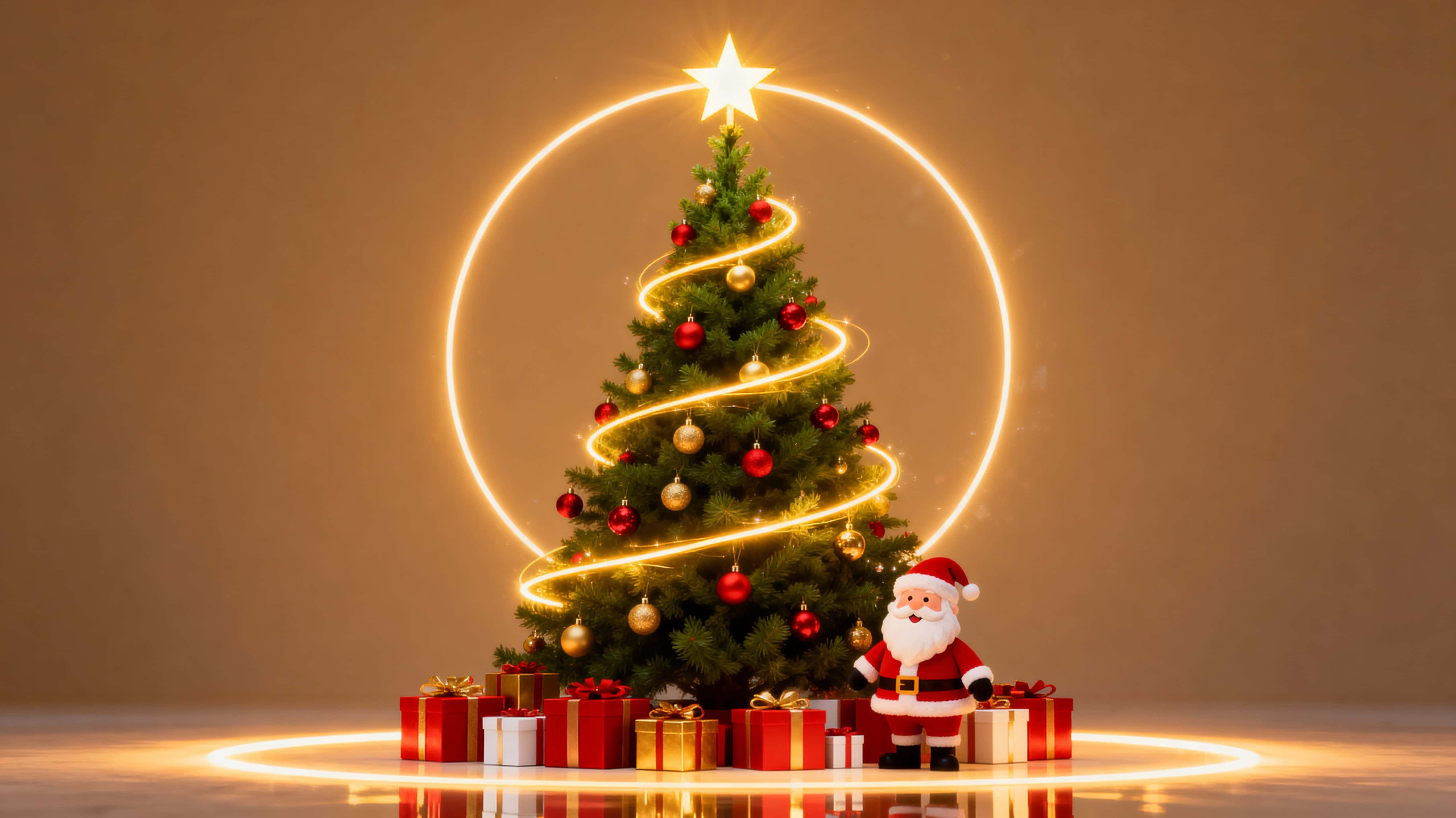 A warmly lit Christmas scene centered on a tall green tree adorned with red and gold ornaments and a glowing golden spiral toward a bright star, with Santa and neatly wrapped gifts filling the foreground in a cinematic 16:9 frame.