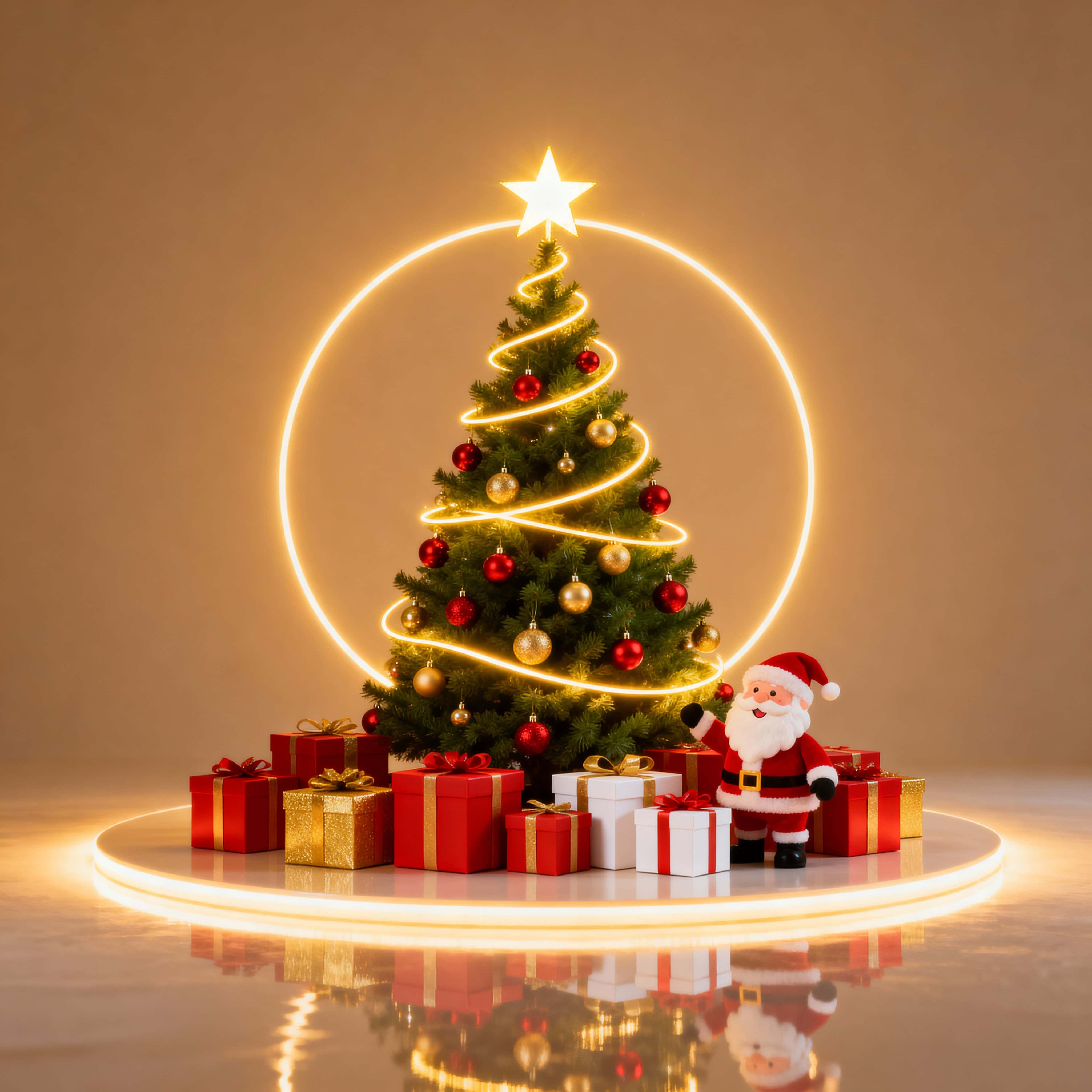 A warmly lit Christmas tree topped with a bright star and wrapped in a glowing golden spiral, fronted by red, gold, and white gifts and a cheerful Santa beside them.