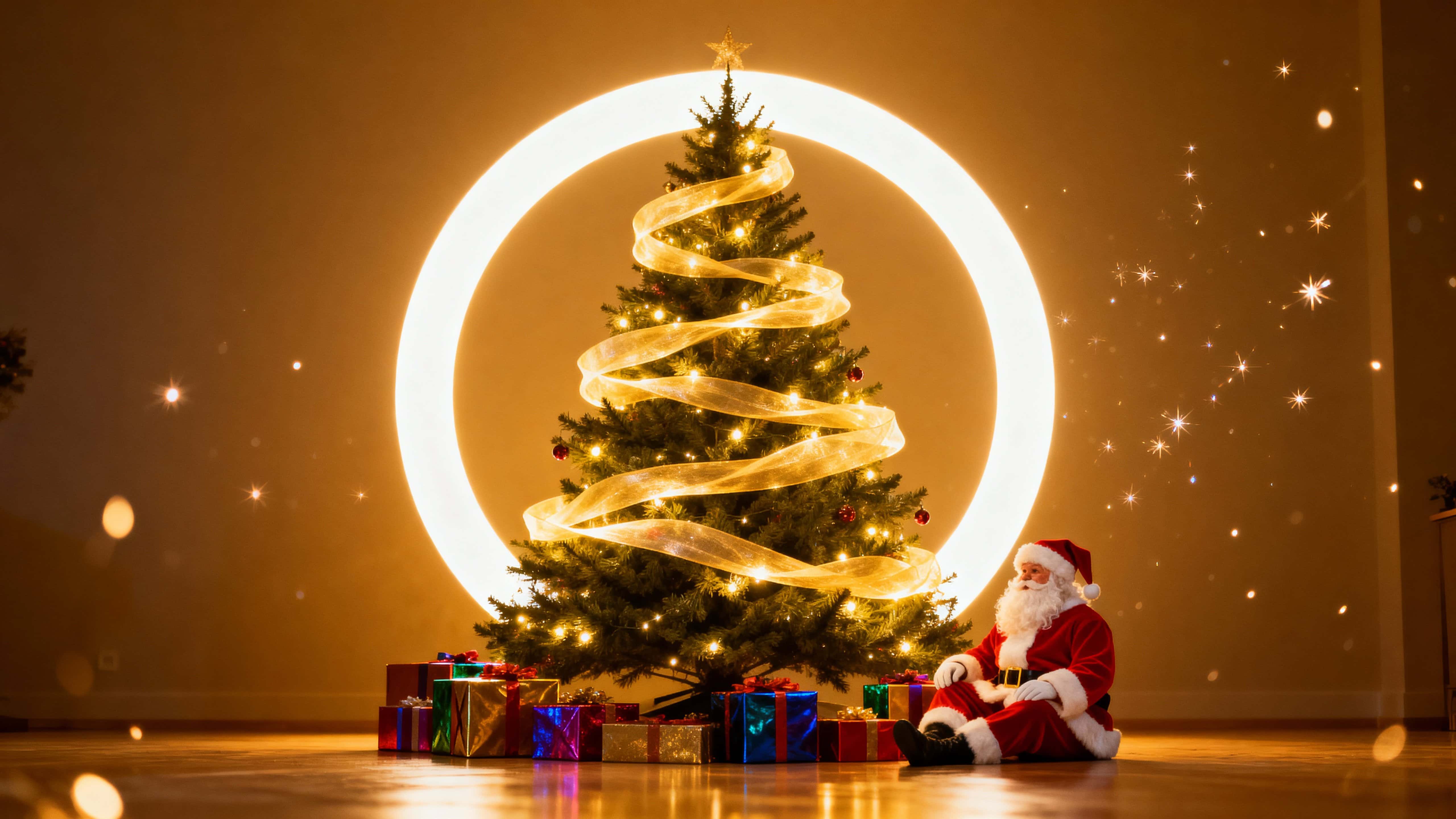 A festive indoor scene featuring a richly decorated Christmas tree wrapped in a luminous ribbon and bright halo, colorful gift boxes at its base, Santa beside them, and drifting sparkles under warm golden light.