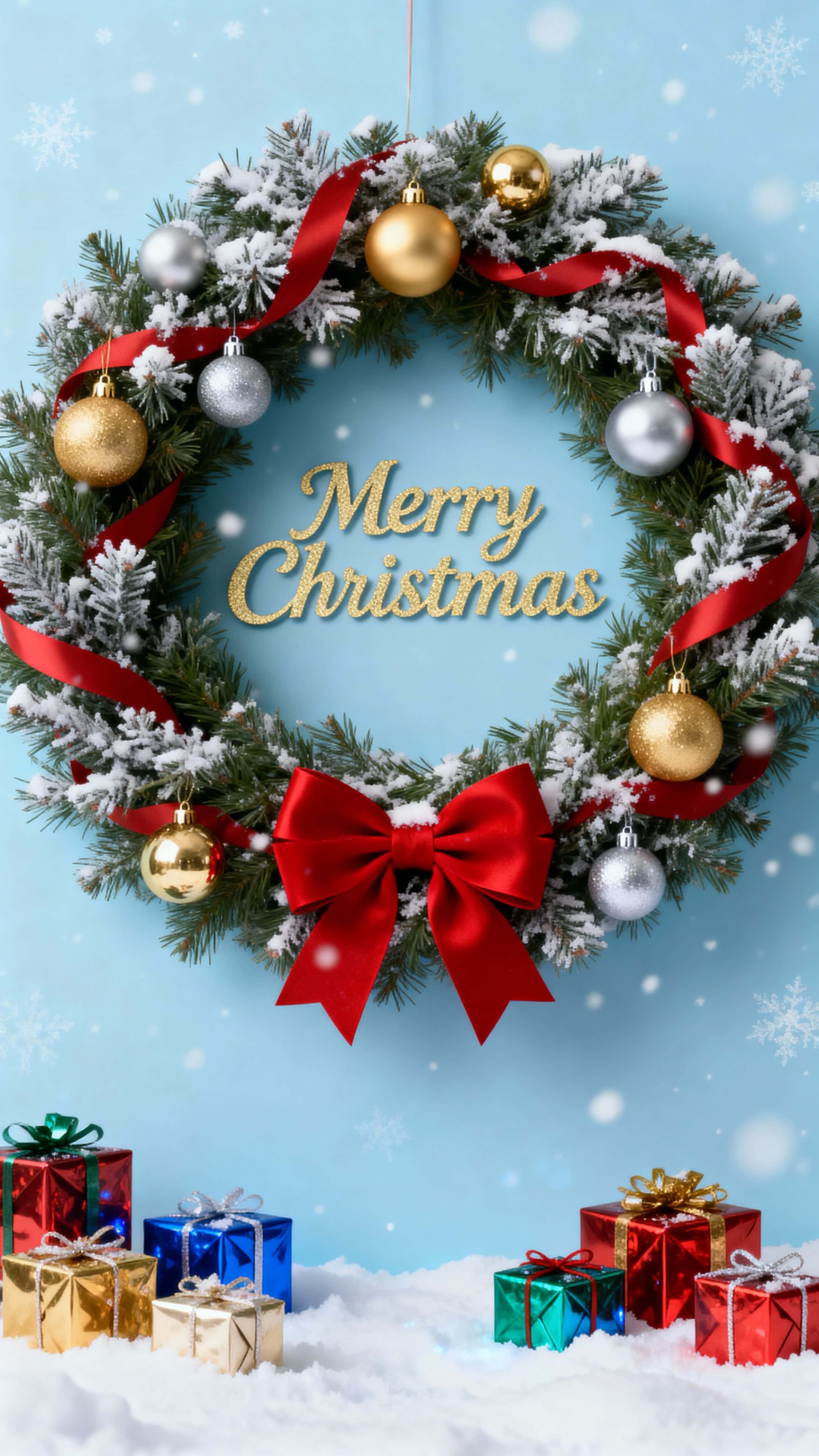 A vertical 9:16 scene with a pastel-blue winter background and softly drifting snow, featuring a luxurious wreath of frosted pine, gold and silver baubles, a red bow and multicolored gift boxes below.