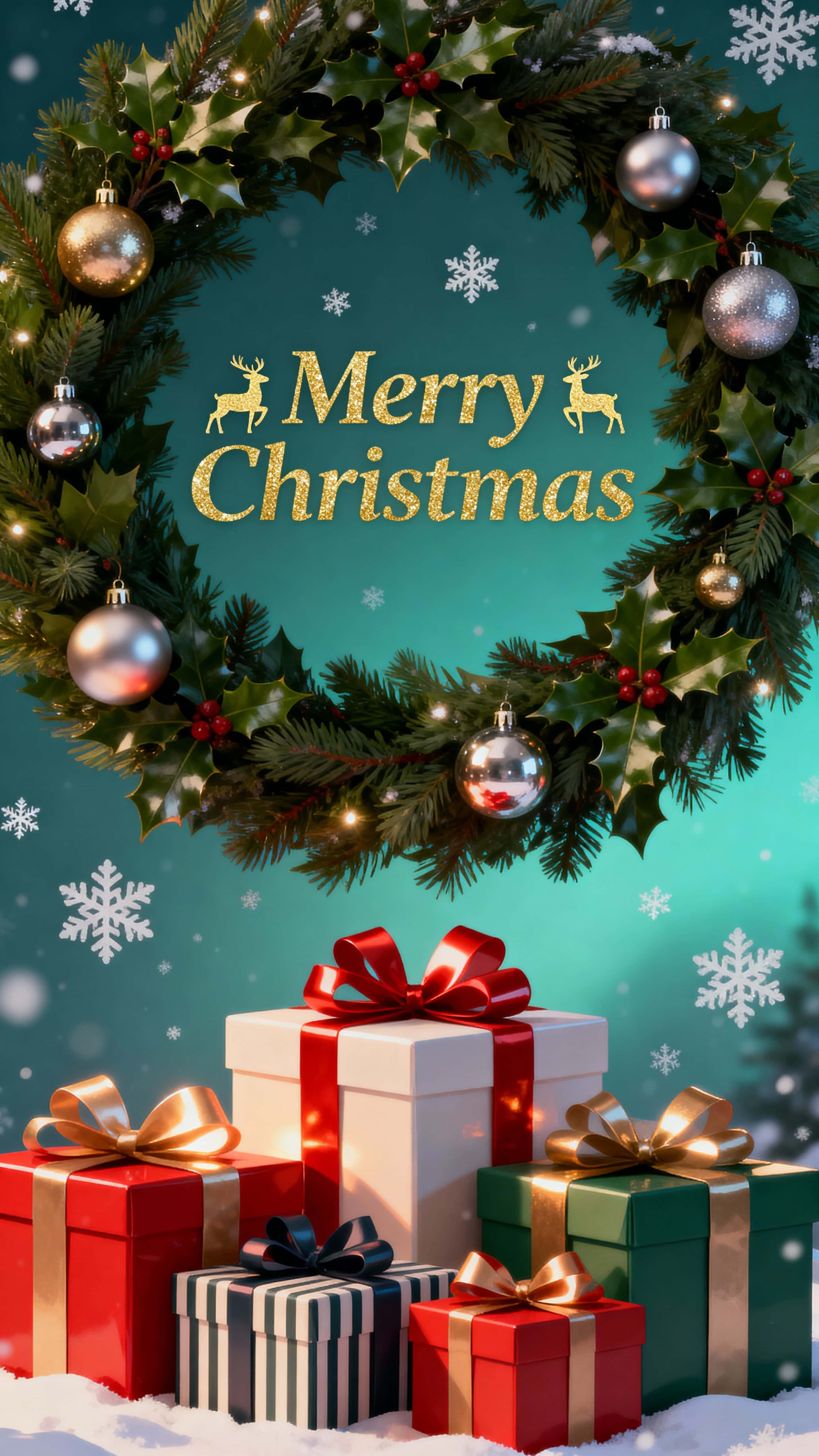 A vertical 9:16 festive scene with a rich fir and holly wreath at the top, floating snowflakes over a subtle teal gradient, centered shimmering gold “Merry Christmas” flanked by two reindeer silhouettes, and a foreground mound of striped, a