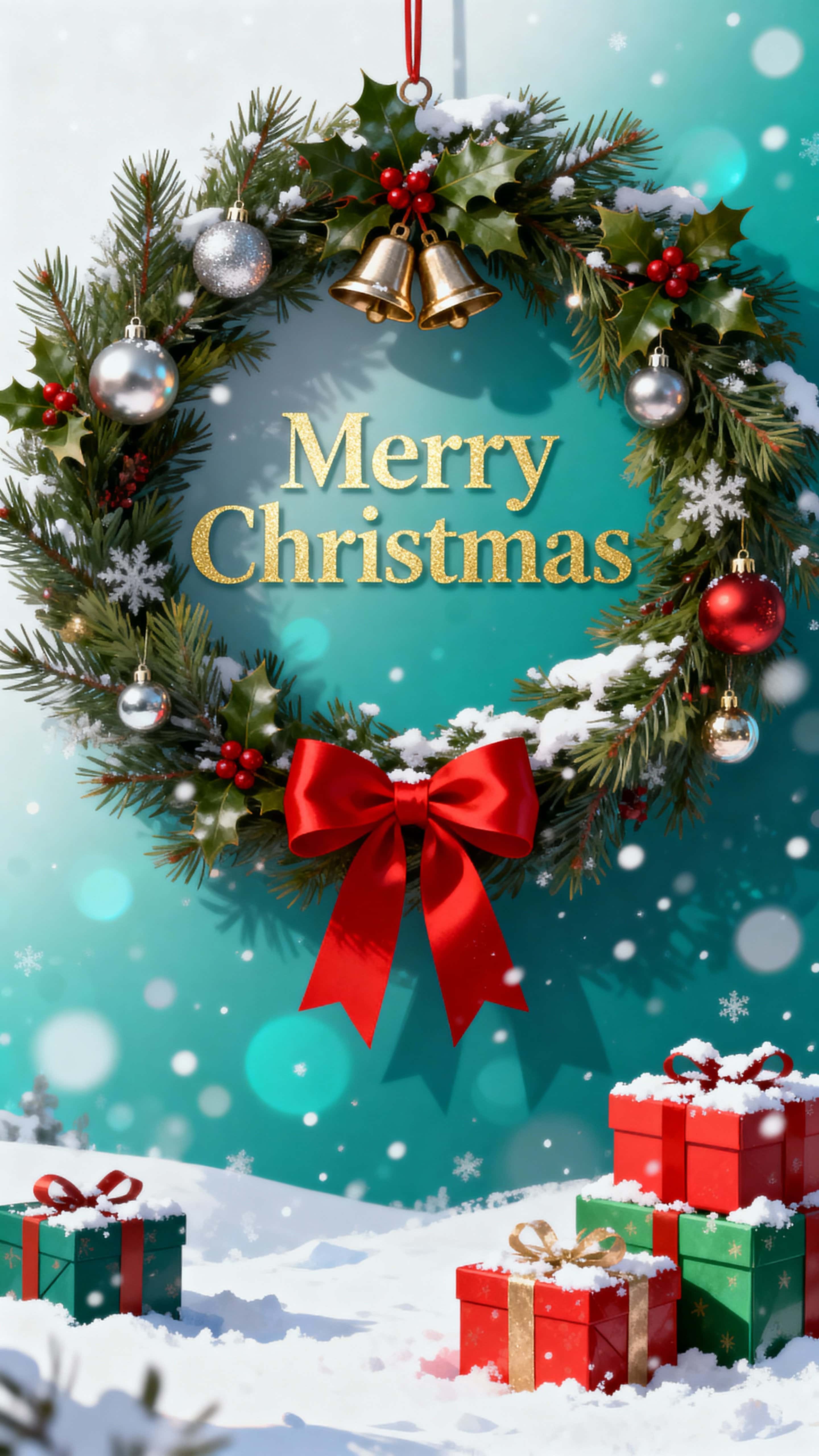 A vertical 9:16 snowy scene with a white-to-teal gradient and fine bokeh, featuring a detailed pine-and-holly wreath with luminous gold "Merry Christmas" text, a red ribbon below, and snow-dusted stacked gift boxes in the foreground.