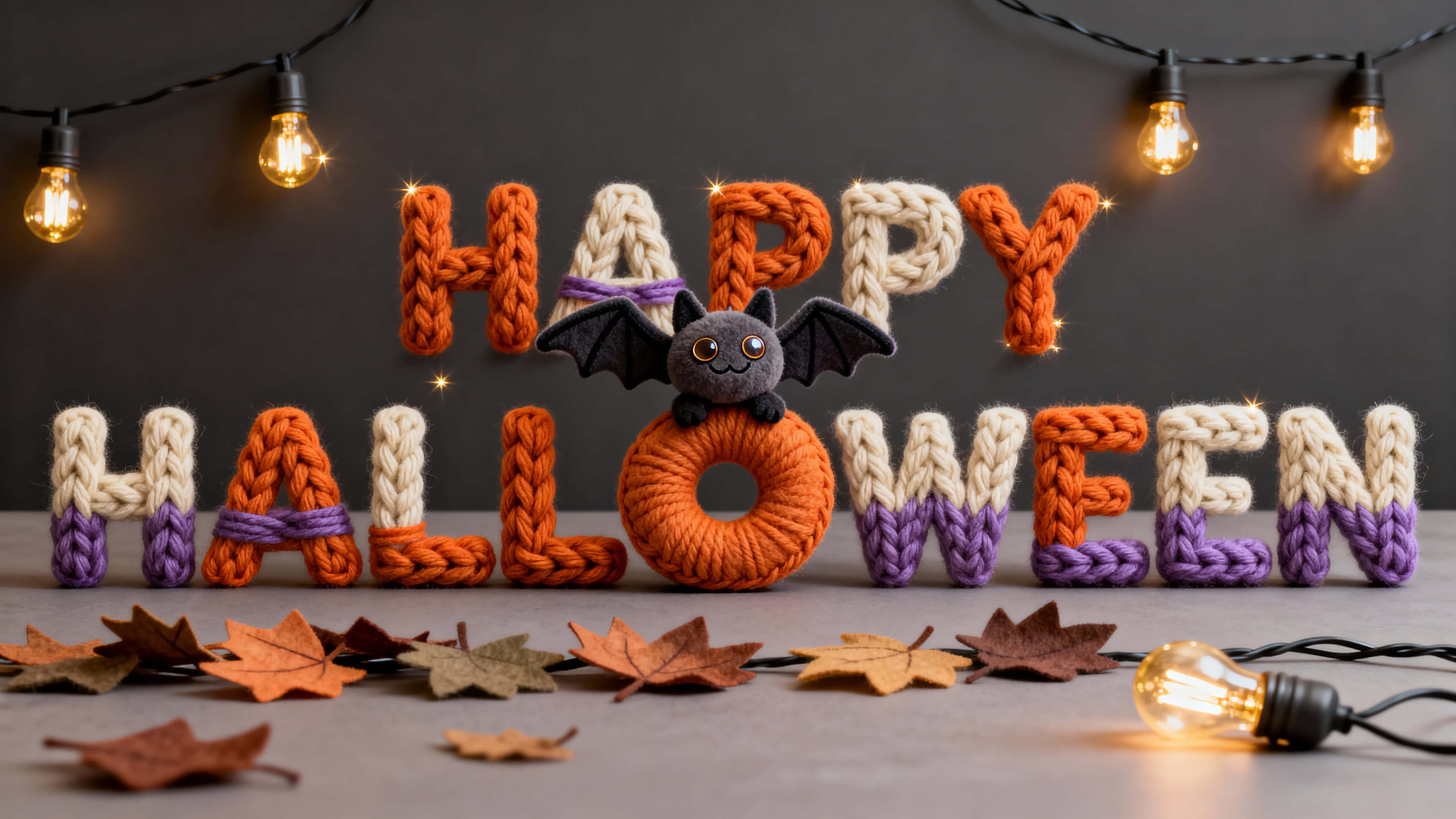 Photoreal 3D scene of chunky knit letters forming a playful seasonal word with a plush bat on the O, felt leaves and warm string bulbs creating a cozy print-ready mood.