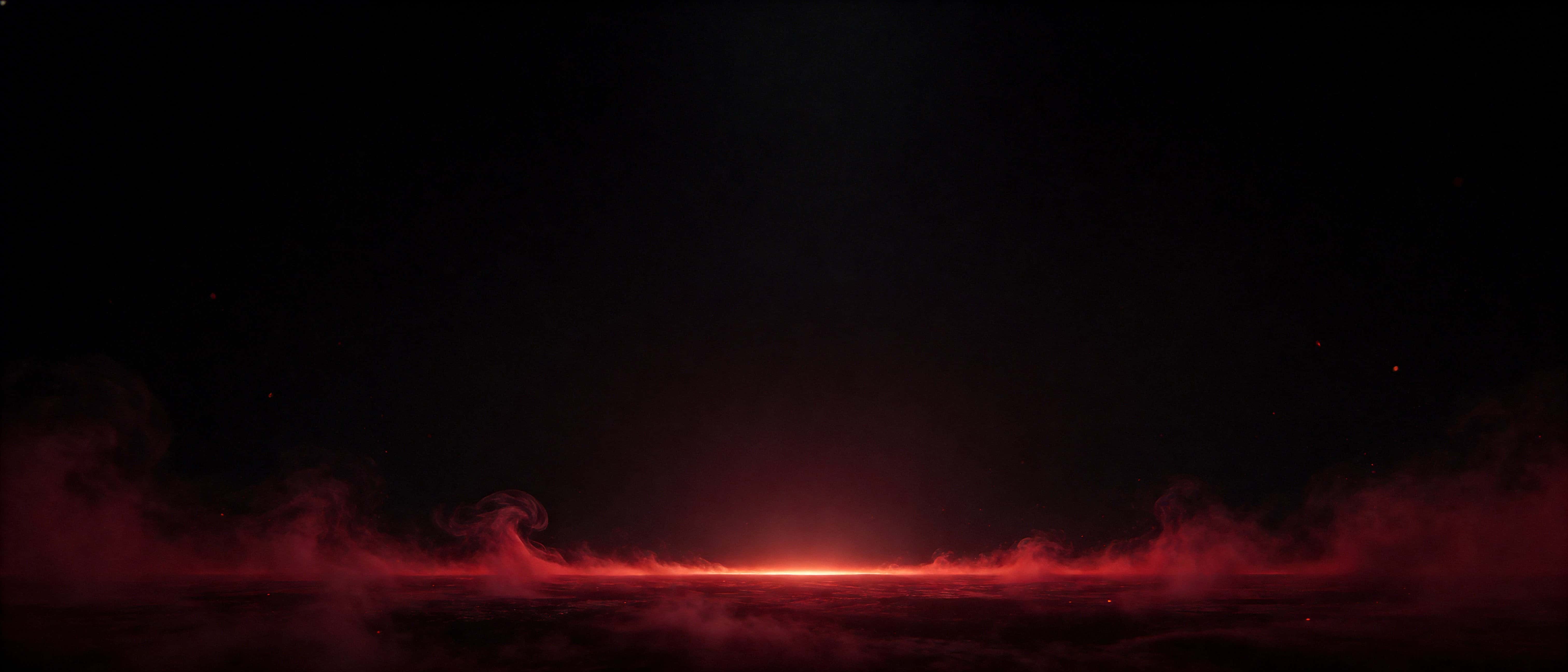 21:9 cinematic background with deep charcoal-to-black expanse, a low volumetric dark-crimson fog pool along the bottom, subtle horizon glow, soft grain, and sparse ember particles.