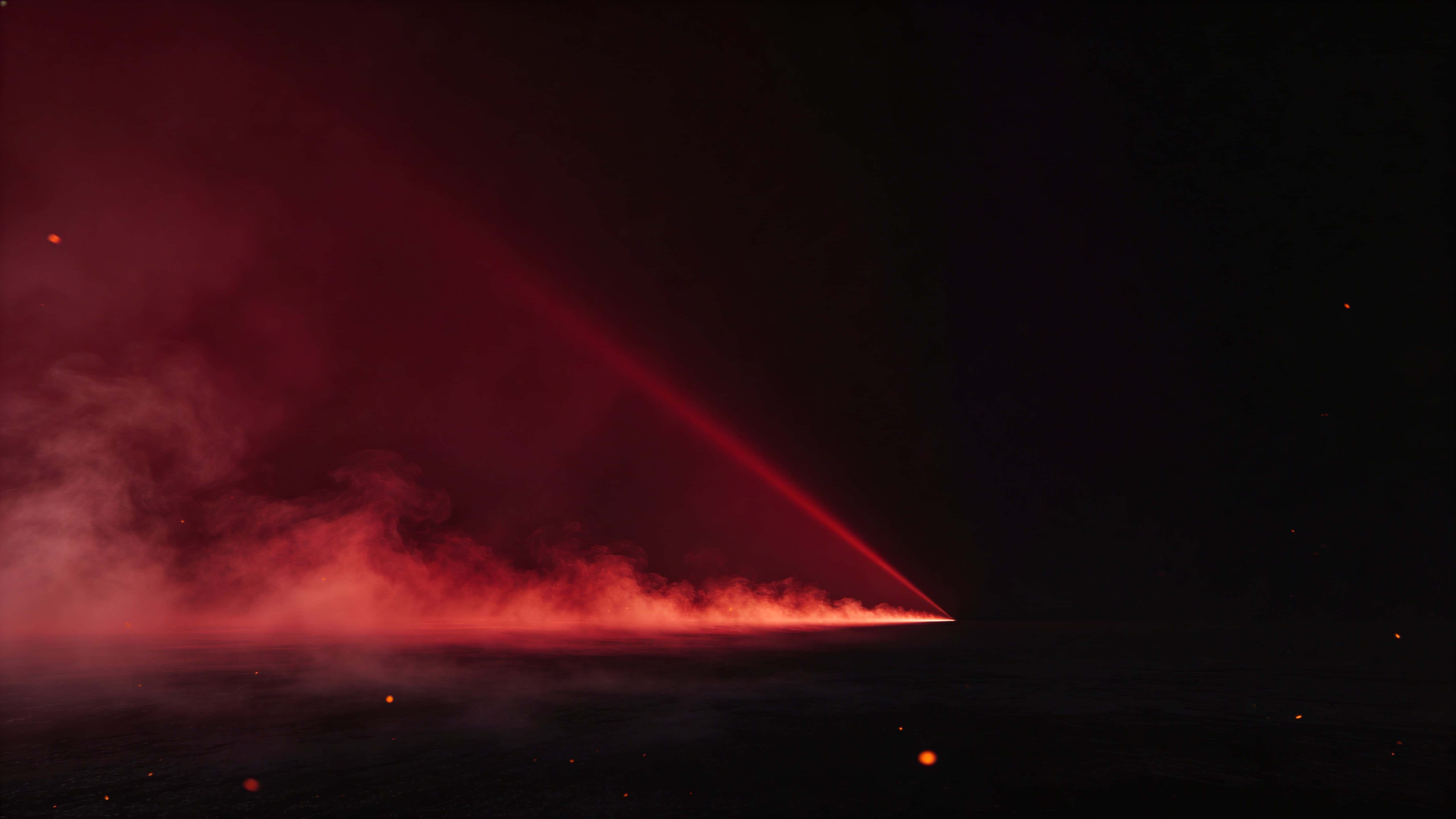 16:9 widescreen wallpaper of a smooth cinematic gradient from deep oxblood red at left to near-black at right, with crimson haze, a faint diagonal light streak, subtle grain, and sparse ember specks.