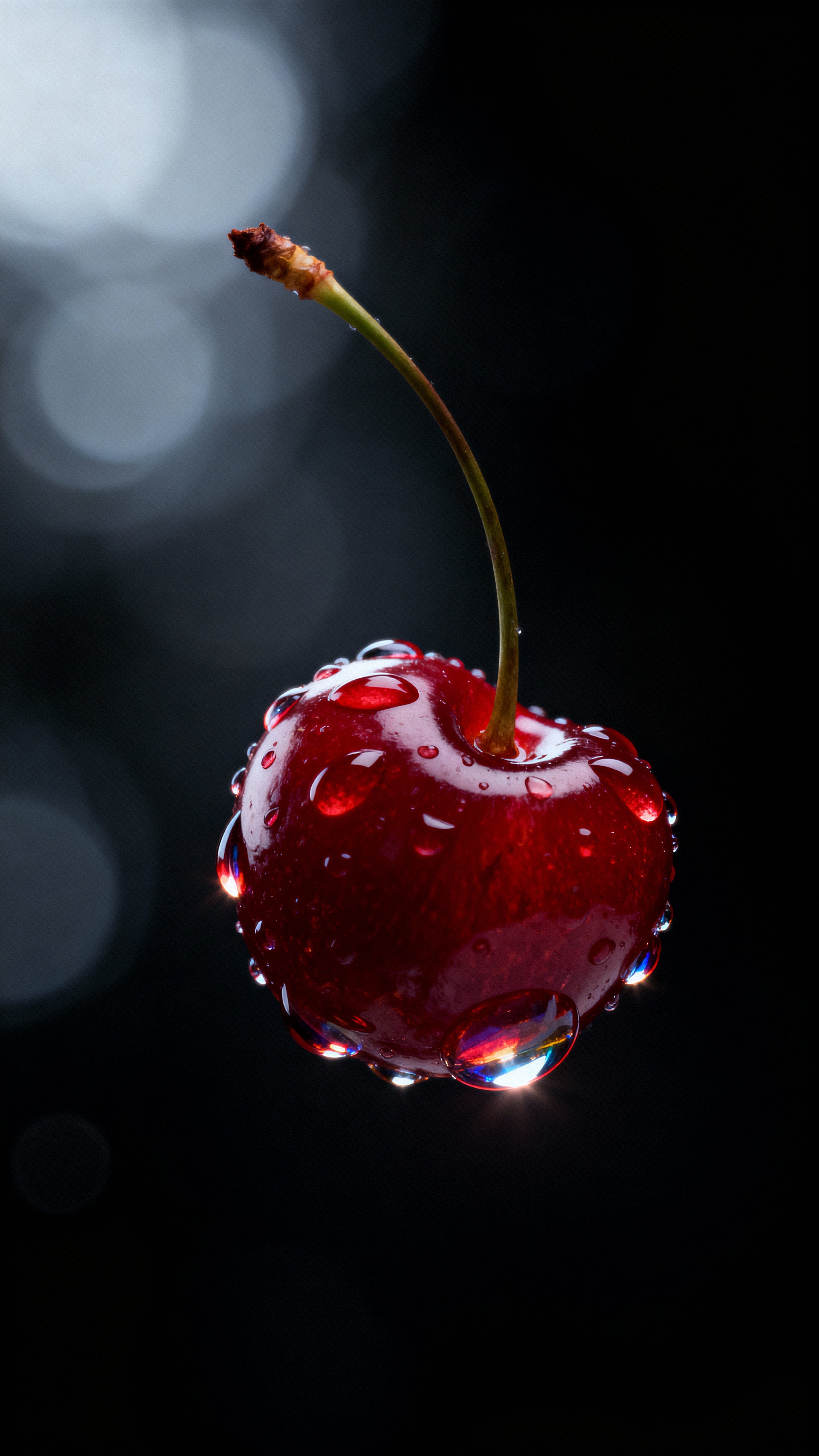 Hyperrealistic cinematic macro shot of a single ripe cherry suspended in a dark, mysterious void. Several perfectly spherical dewdrops glisten on its skin, reflecting tiny, distorted highlights. The cherry's surface shows intricate texture,