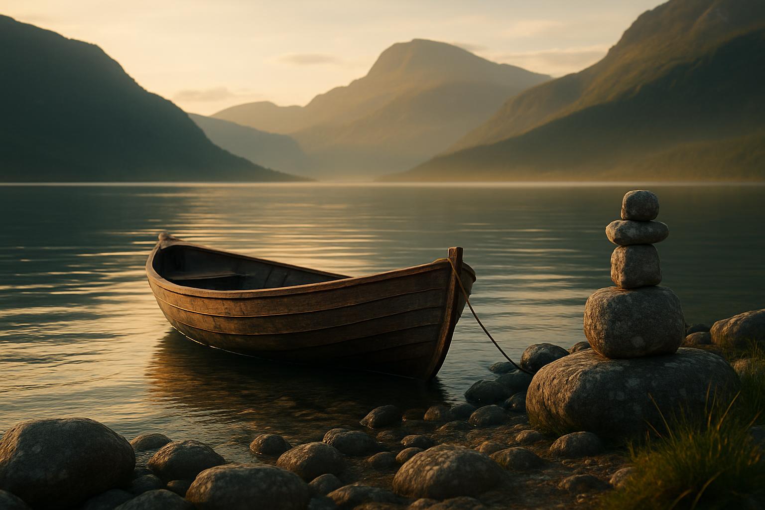 A cinematic mountain-lake photograph at golden hour, centered on a solitary shoreline scene with glassy reflections and low-lying mist. The composition balances layered peaks and a weathered boat, emphasizing tactile wet stone and ripples while keeping an artistic, creative atmosphere in 3:2.