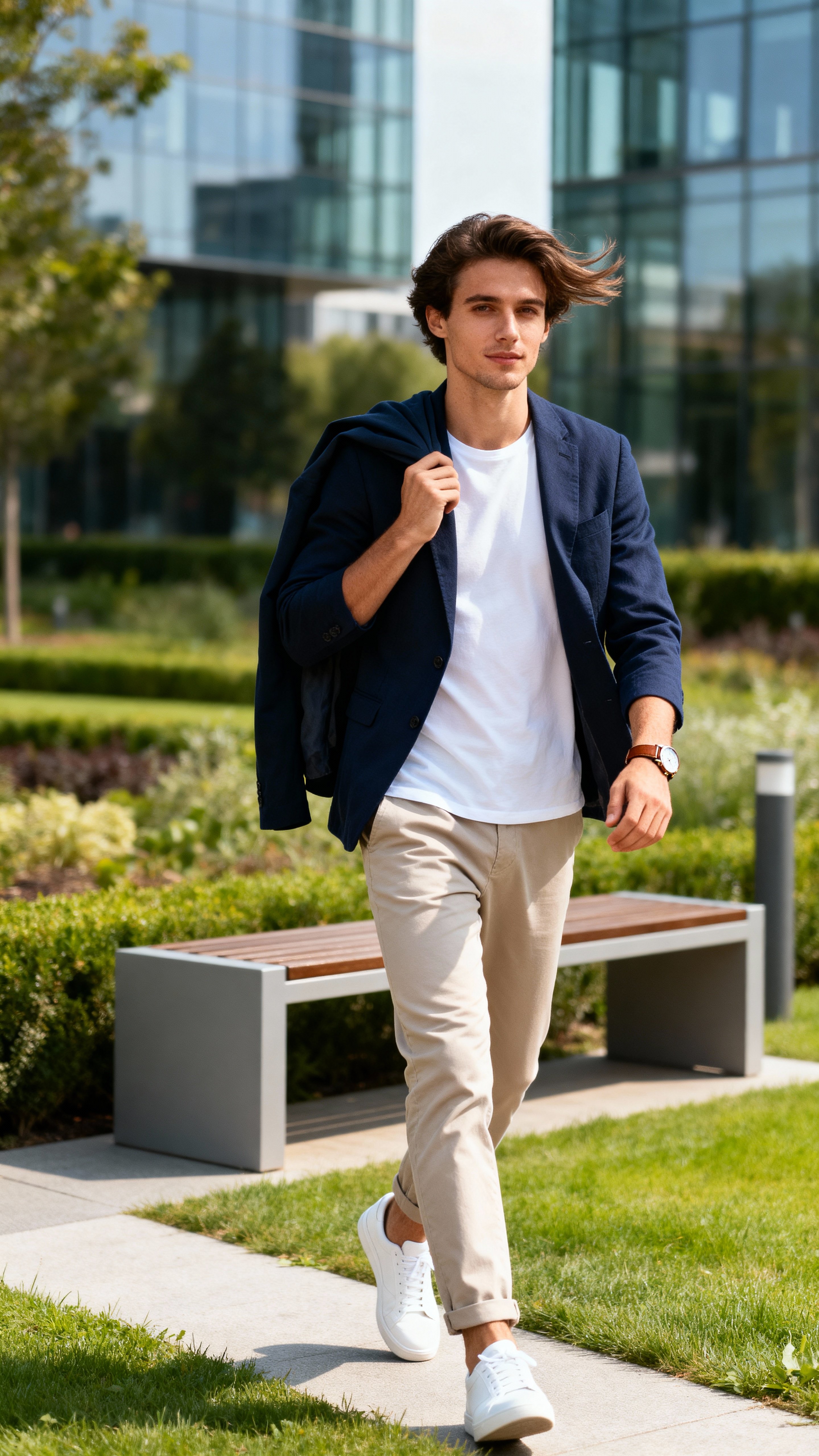 Ultra-realistic cinematic portrait of a stylish young man walking through a modern urban park. Same reference face and hairstyle. Mid-stride, jacket draped over one shoulder. Outfit: navy casual blazer, white t-shirt, light khaki trousers,白