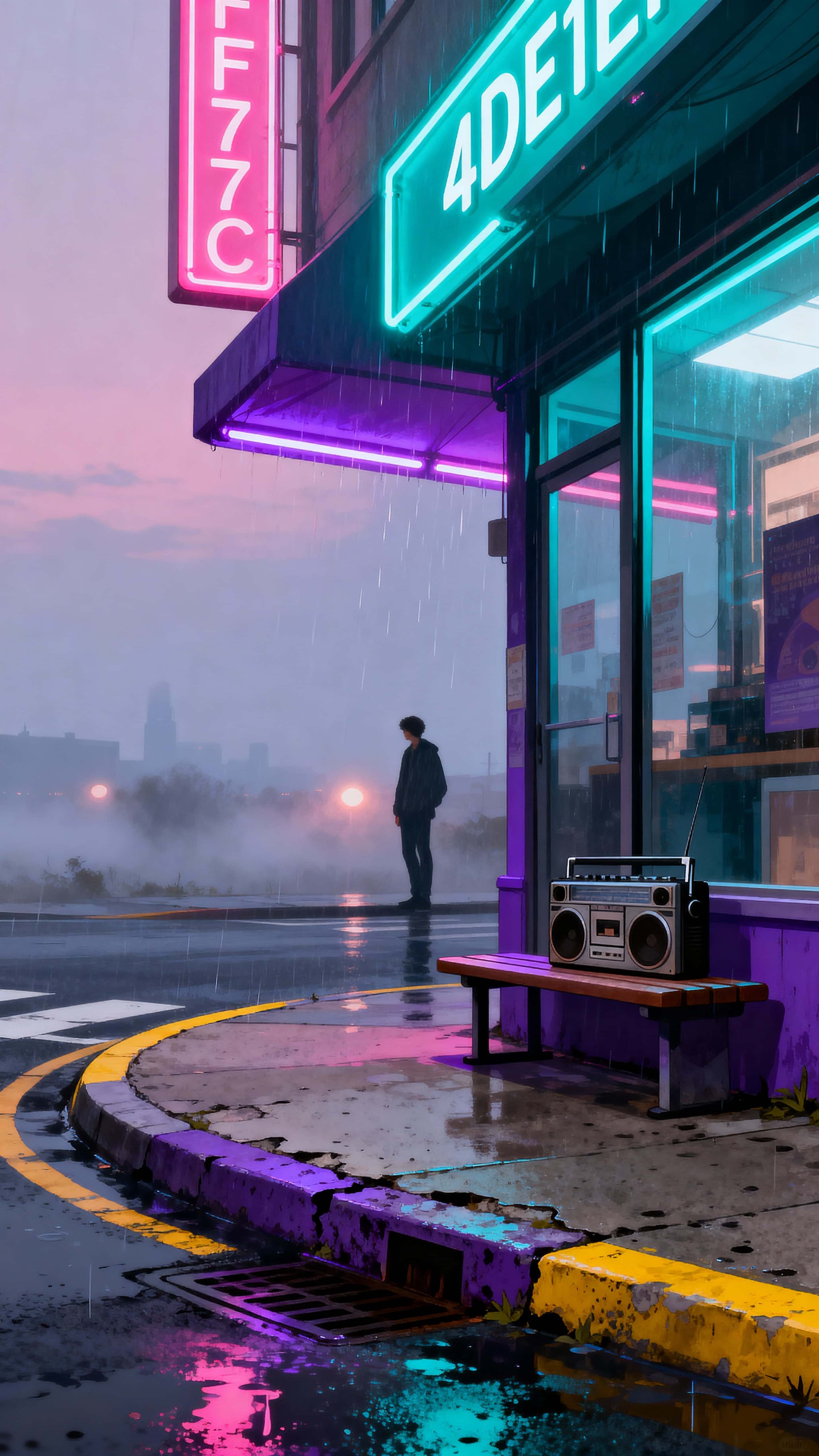 A vertical vaporwave city corner at night rendered for a 9:16 portrait crop, showing neon signs, glossy surfaces, and a nostalgic retro-futurist mood to evoke dreamlike urban solitude.
