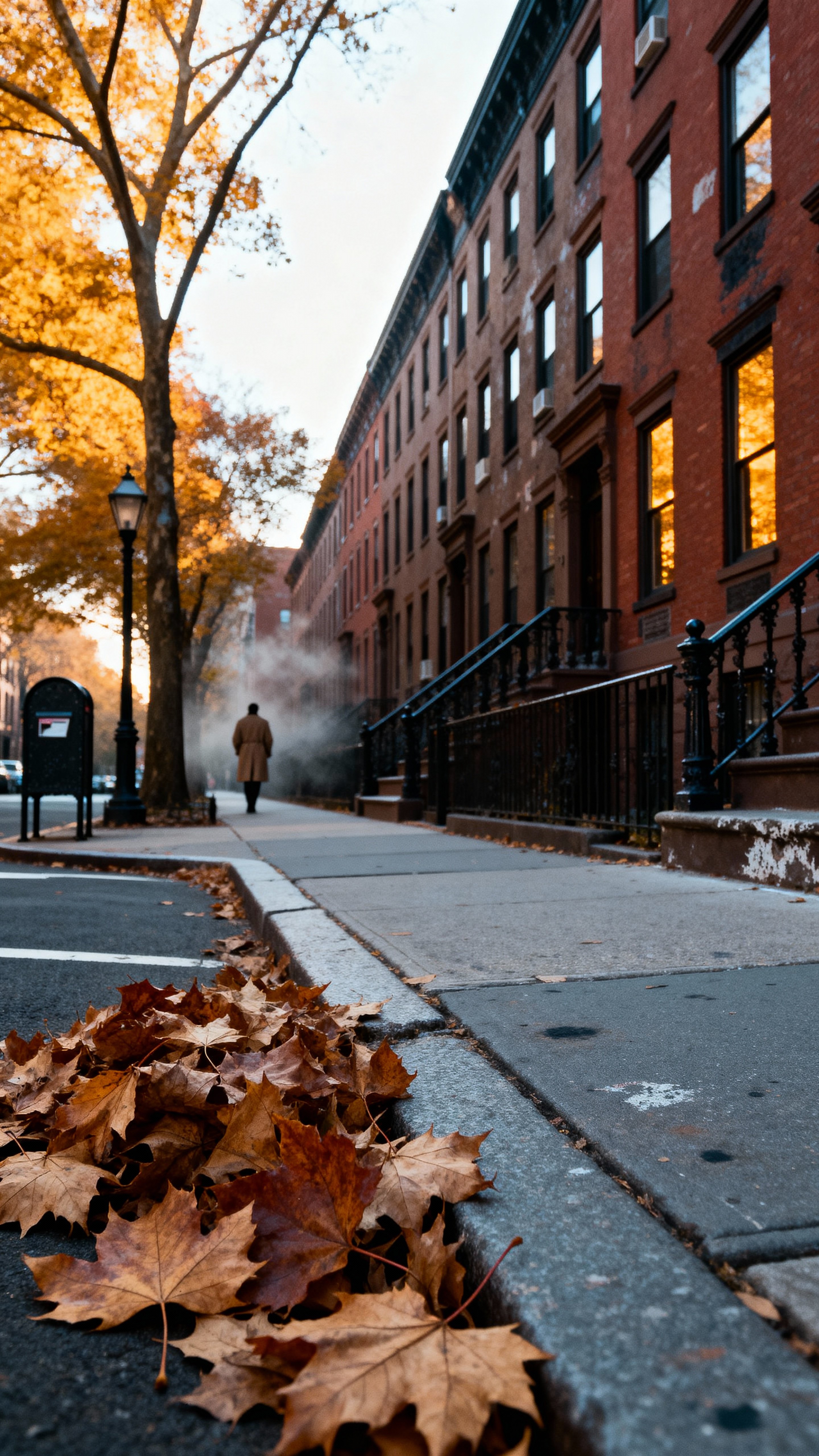 Narrow brownstone street in late afternoon with golden-leaved trees and scattered leaves, long shadows and a distant trench-coated figure adding scale and depth.