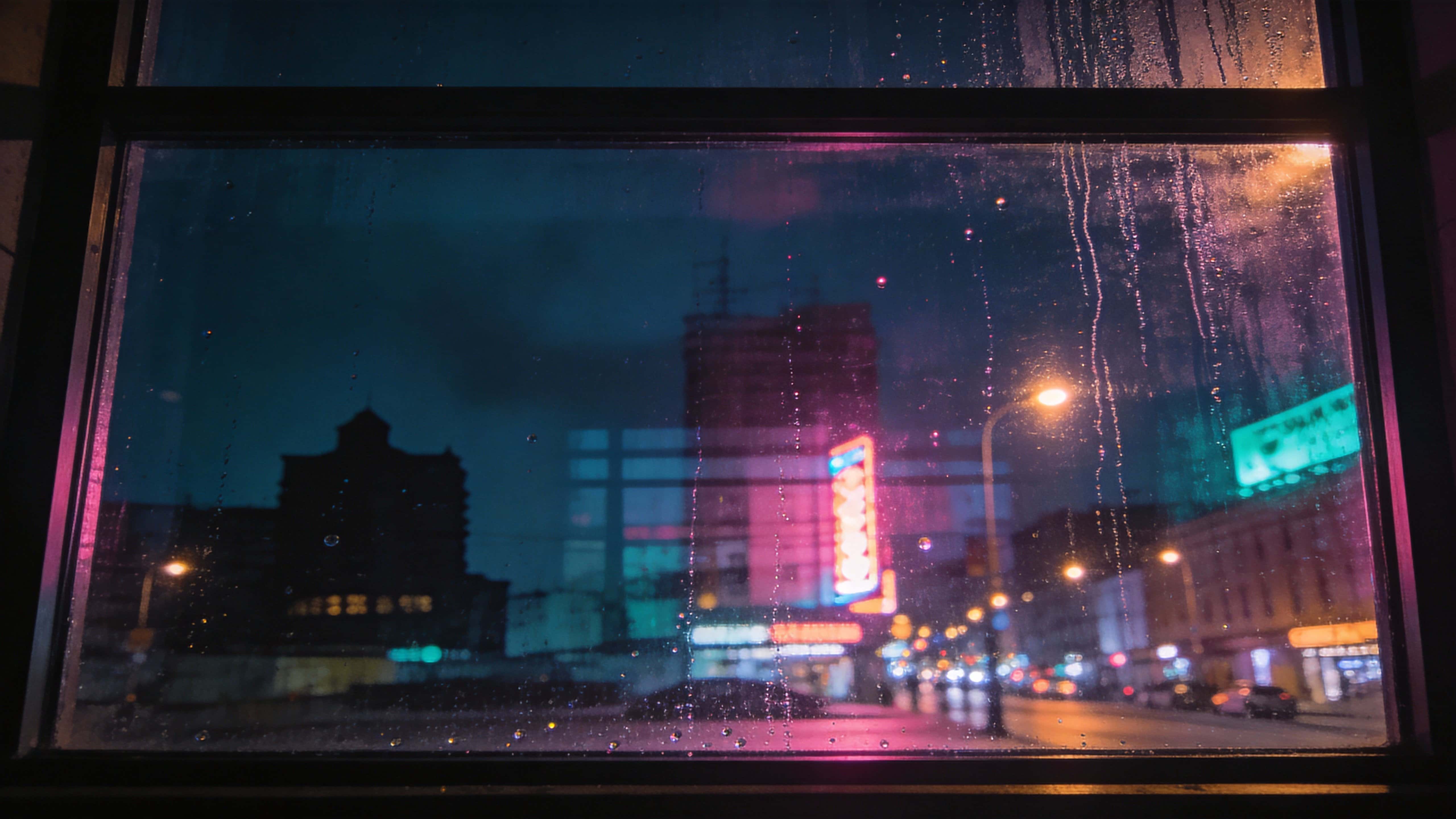 Close view of window reflections of city lights in a 16:9 night photograph, moody urban palette and shallow depth optimized for wallpaper or poster use.